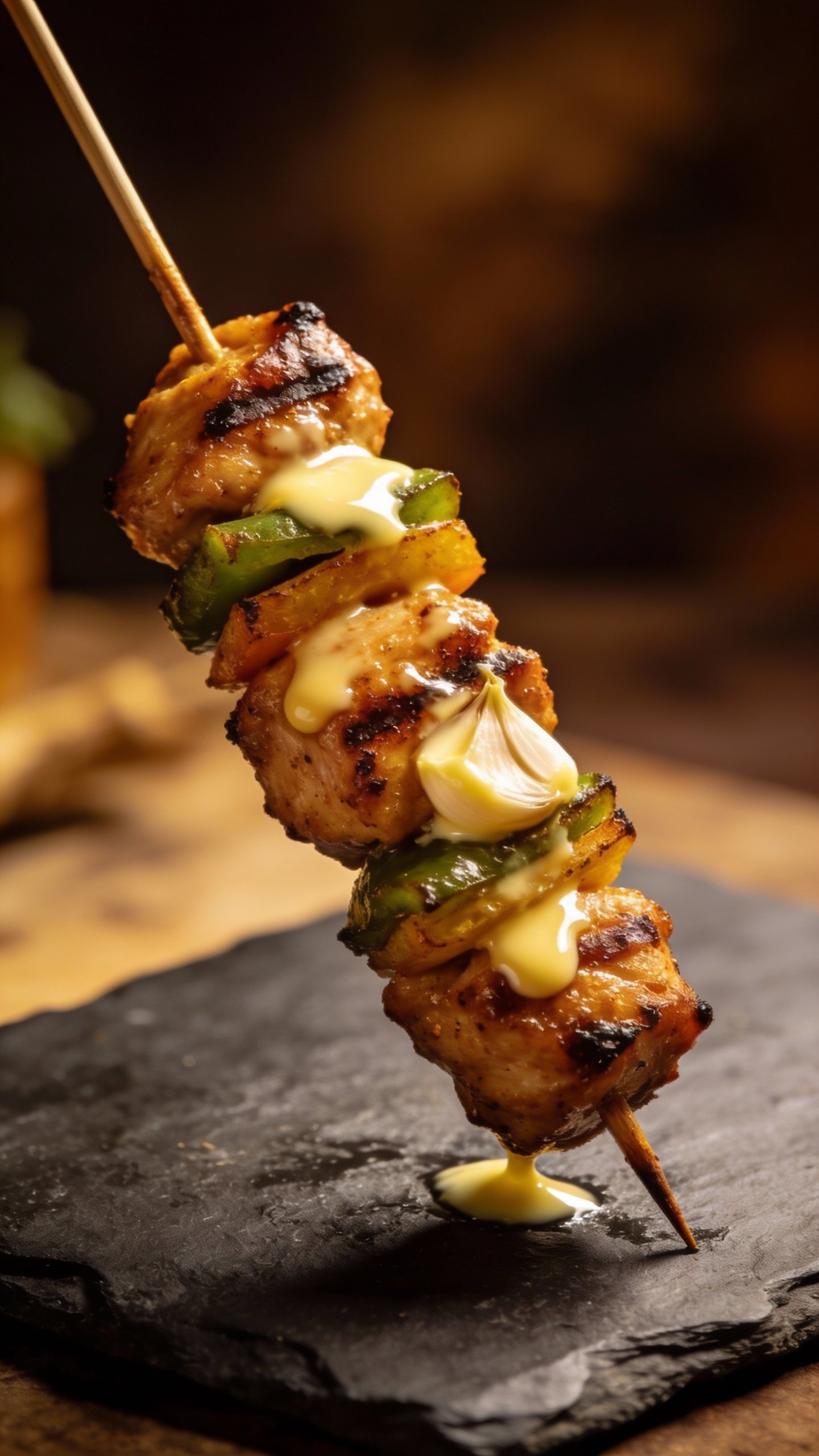 single skewer brushed with garlic butter on dark slate