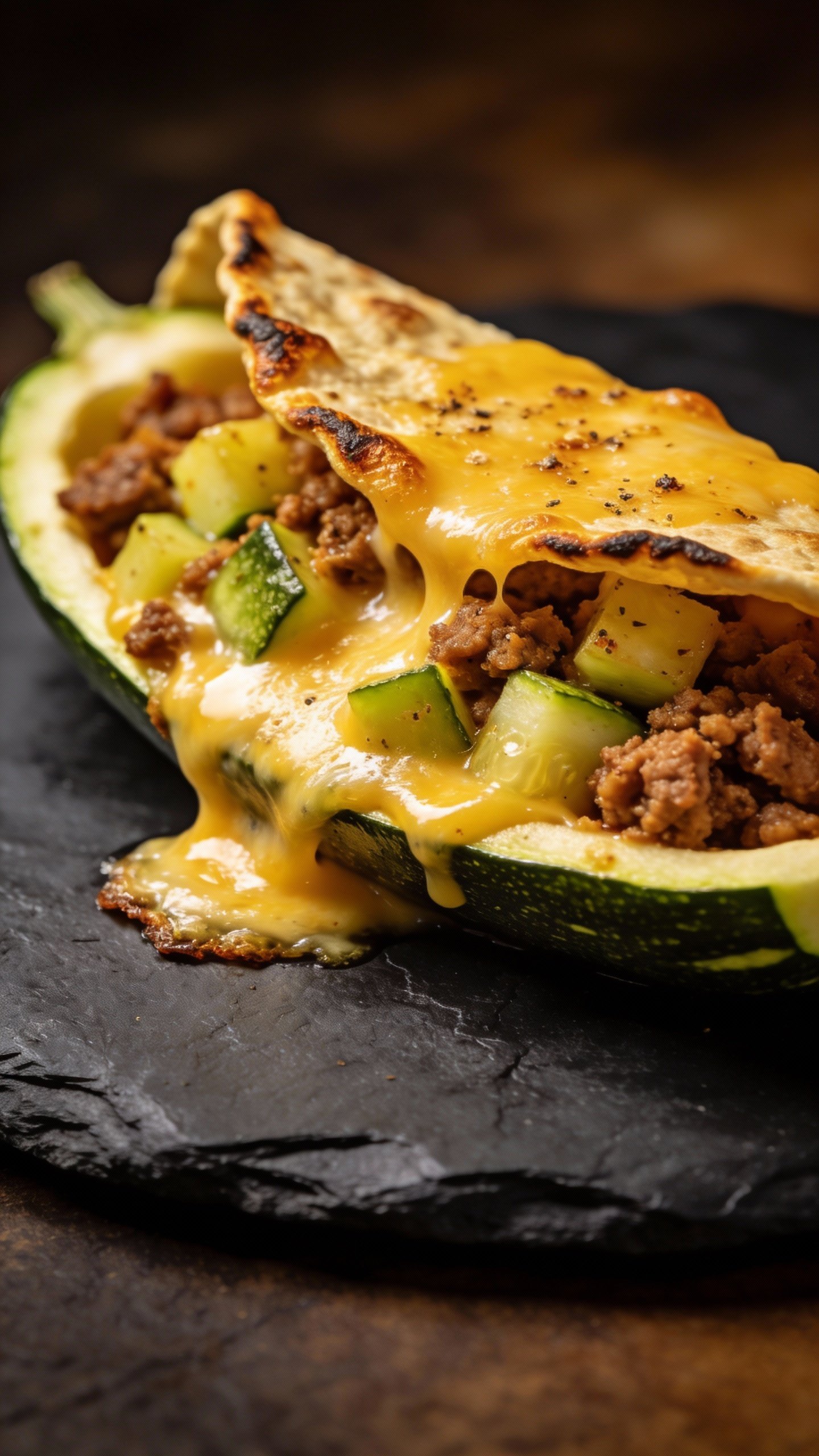 closeup cheesy zucchini taco boat on dark slate plate