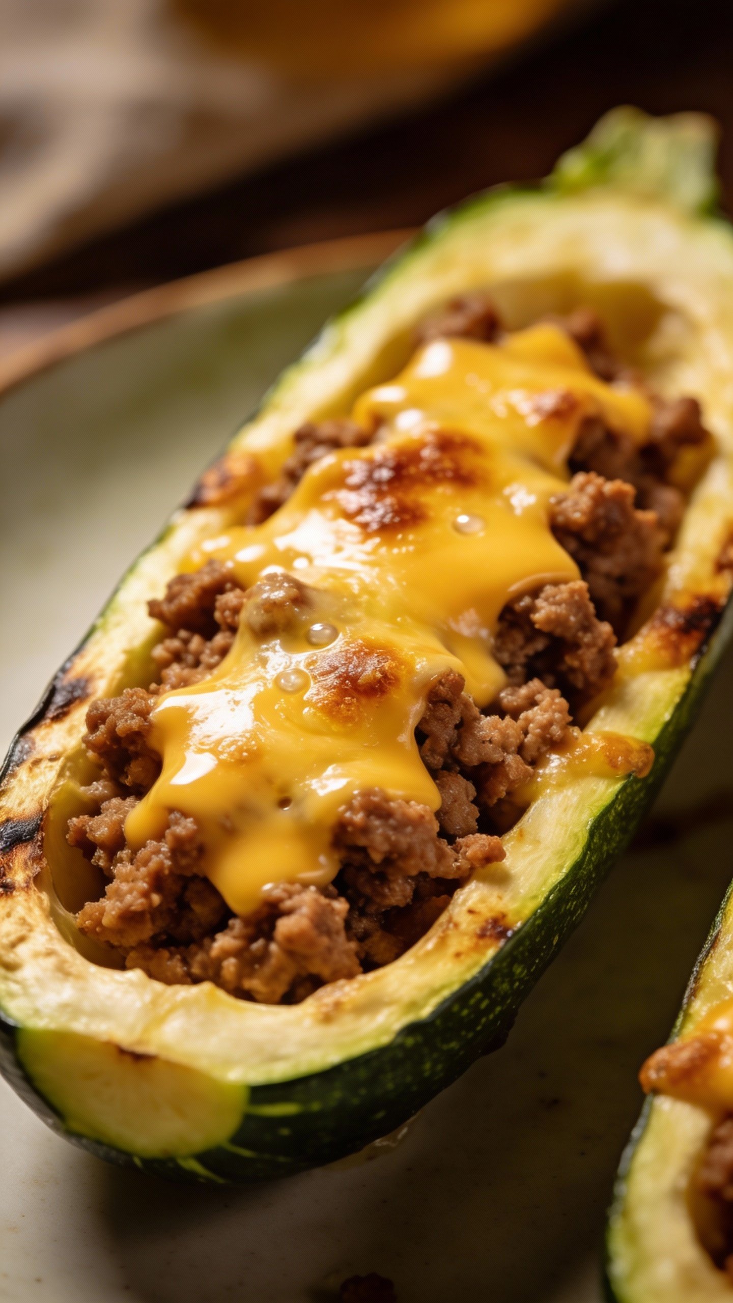browned ground beef–stuffed zucchini boat with melted cheddar