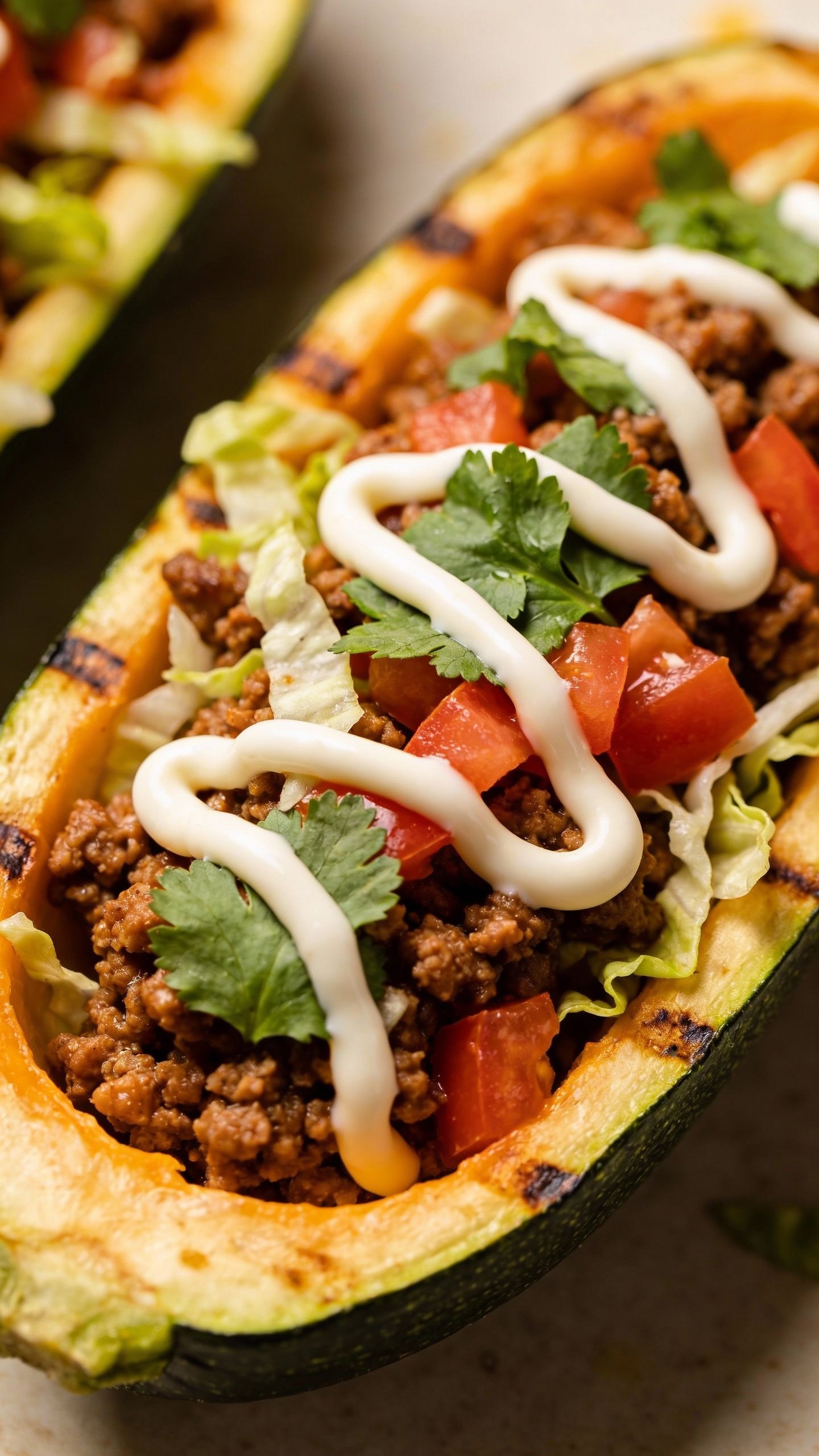 cilantro-topped zucchini taco boat with sour cream drizzle
