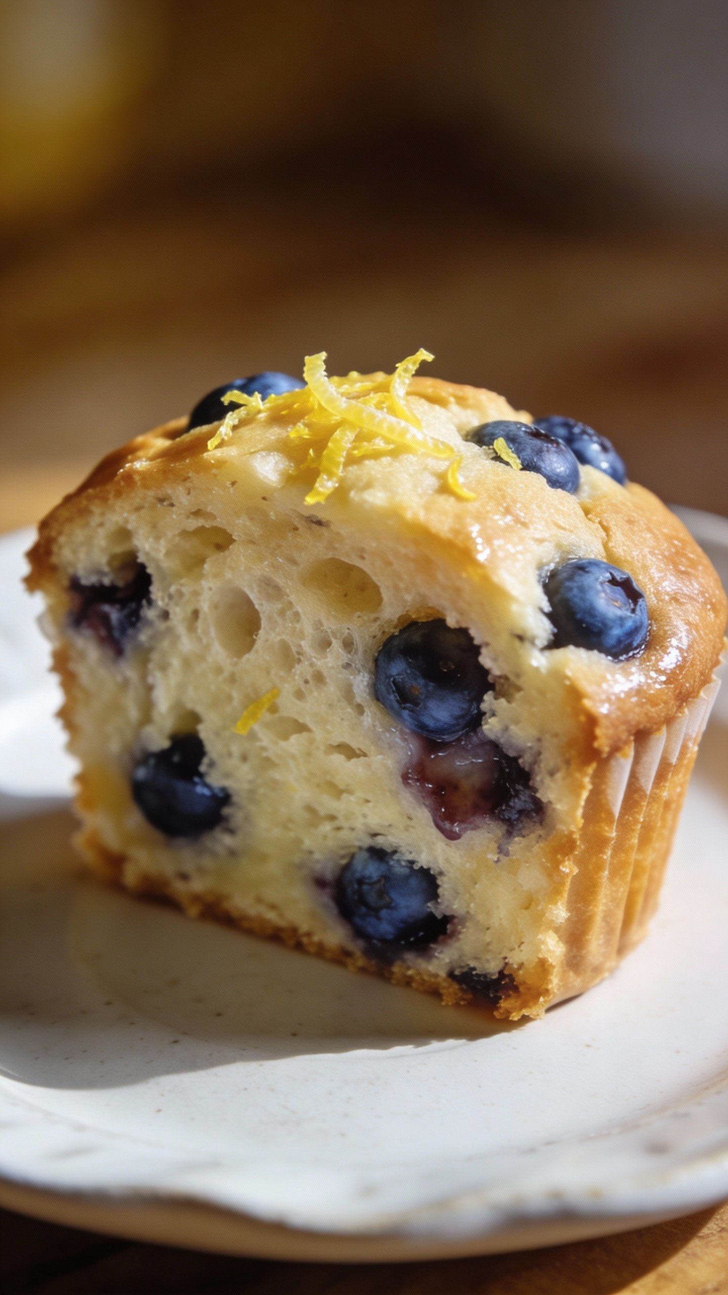single sliced muffin showing moist crumb, blueberries, lemon zest