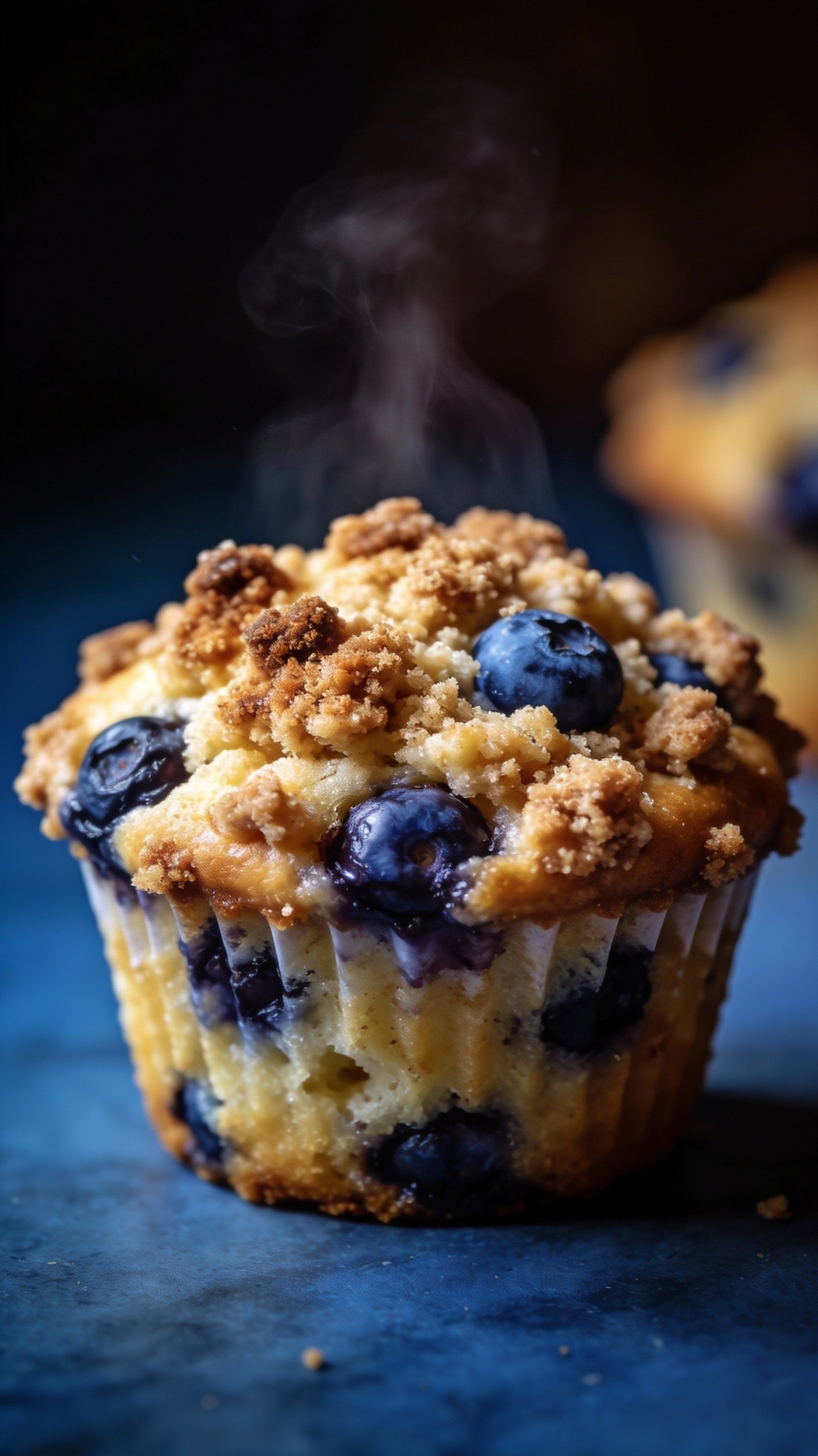 closeup blueberry coffee cake muffin with cinnamon streusel topping