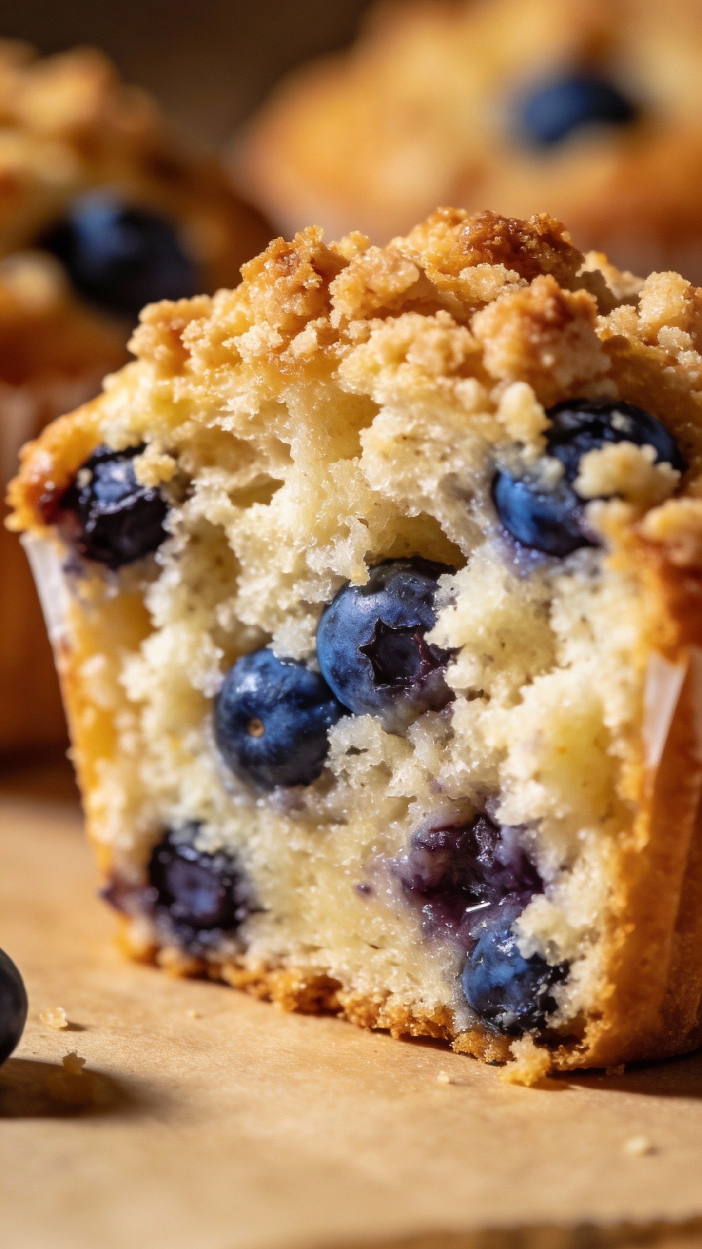 crumb-topped blueberry muffin cross-section showing moist vanilla crumb