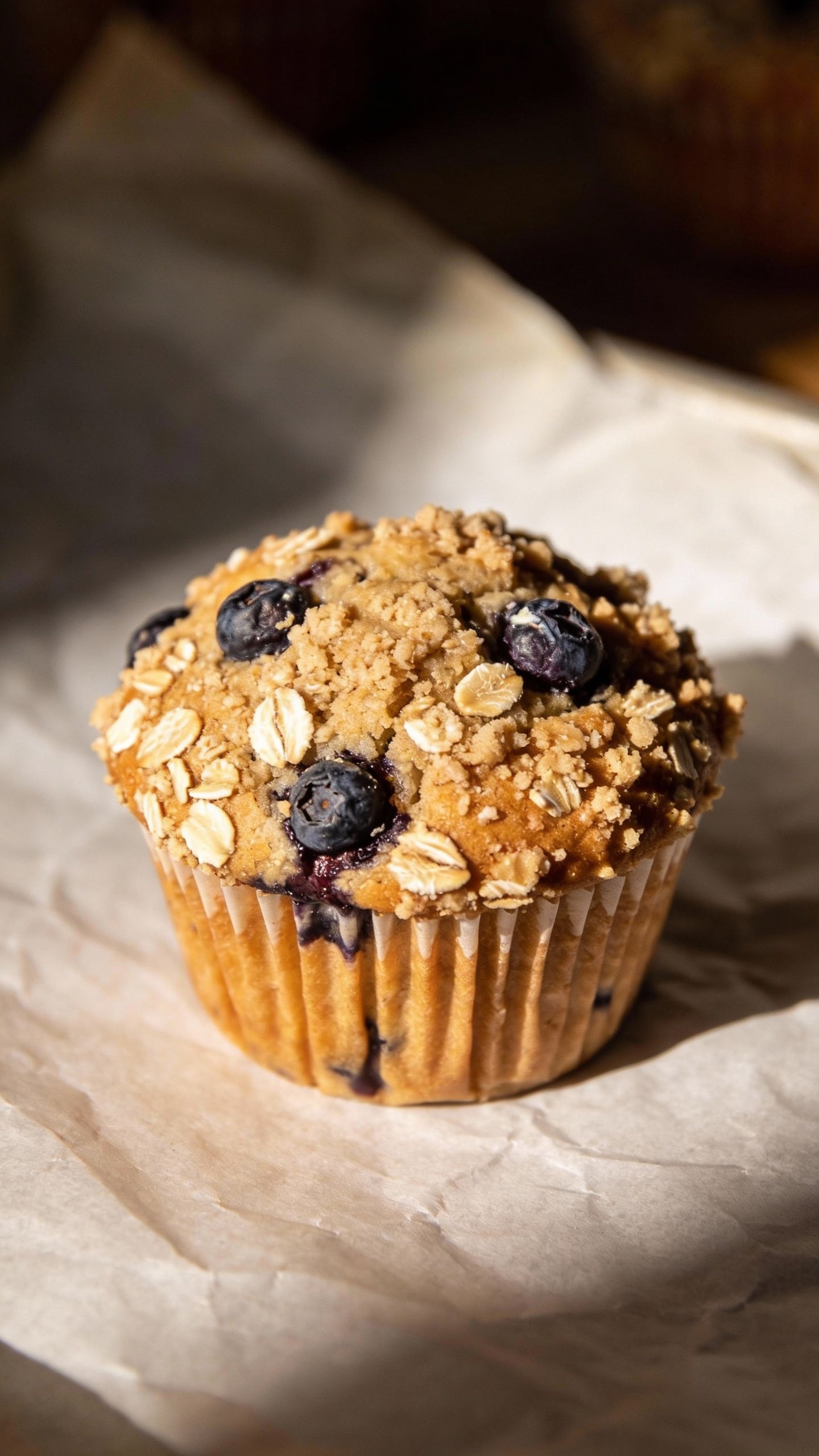 closeup oat flour blueberry muffin on white parchment
