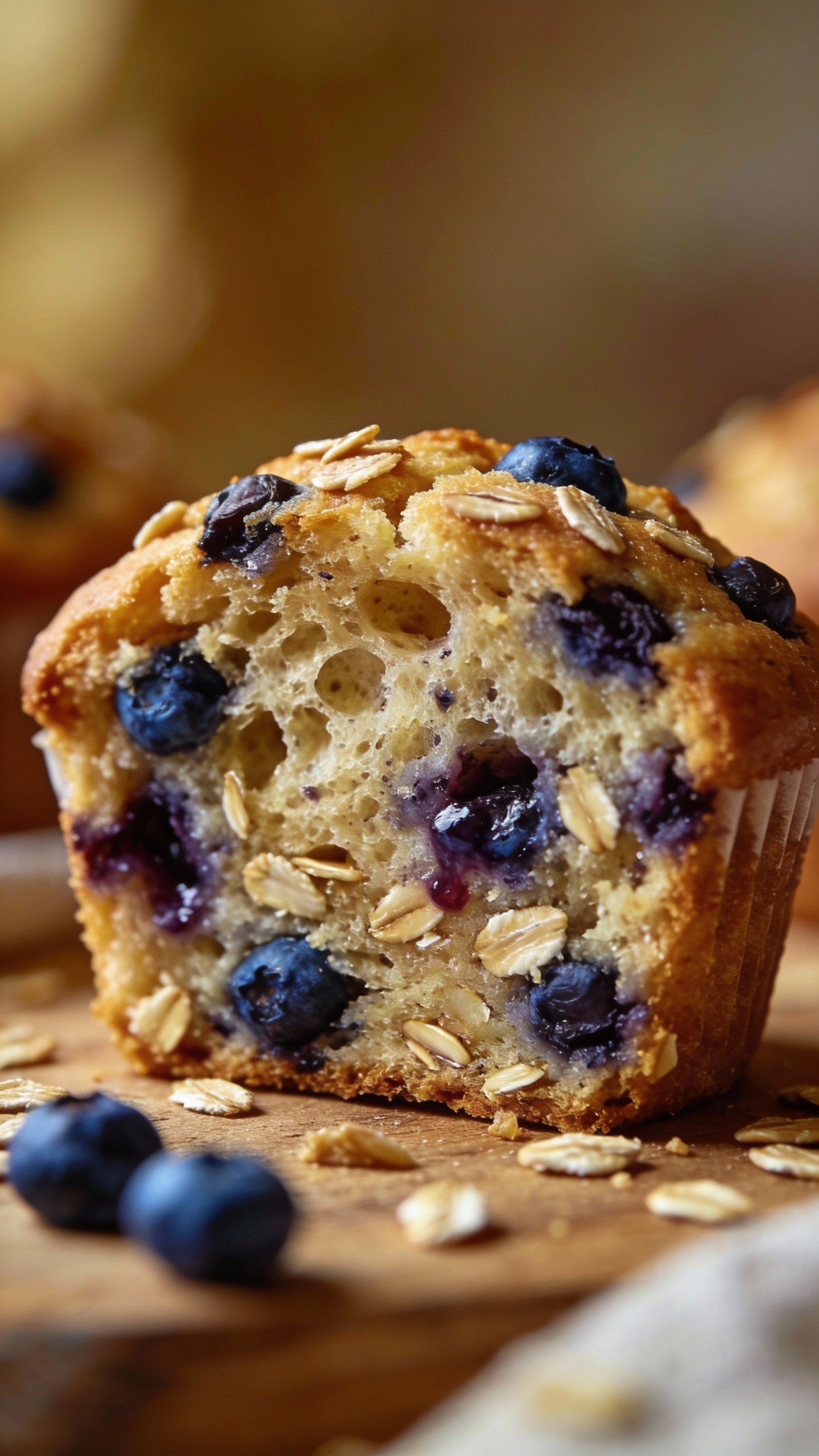 cross-section blueberry oat muffin showing plush crumb