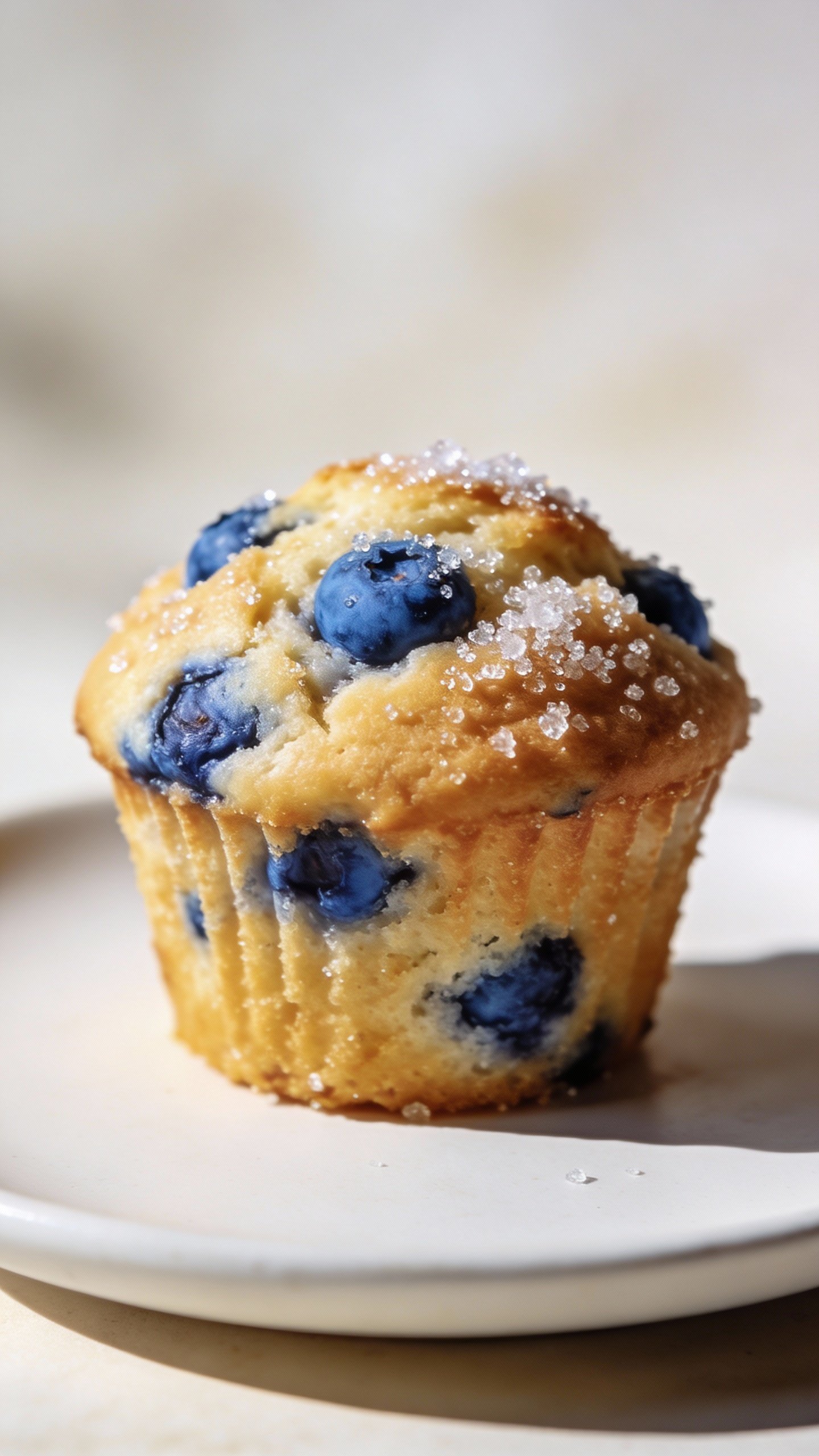 single blueberry muffin topped with coarse sugar crystals