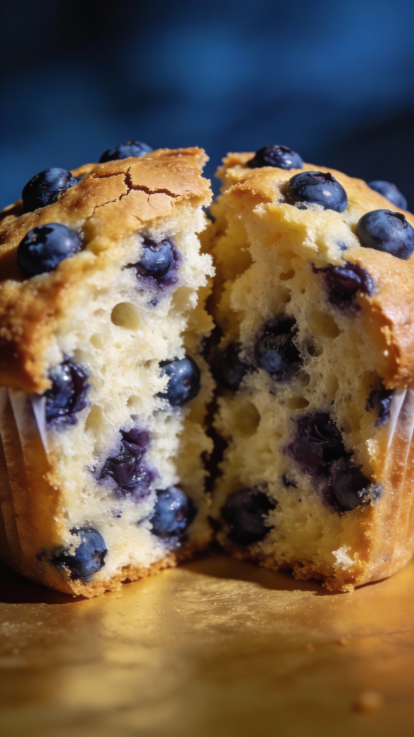 single split blueberry muffin showing tender crumb and berries