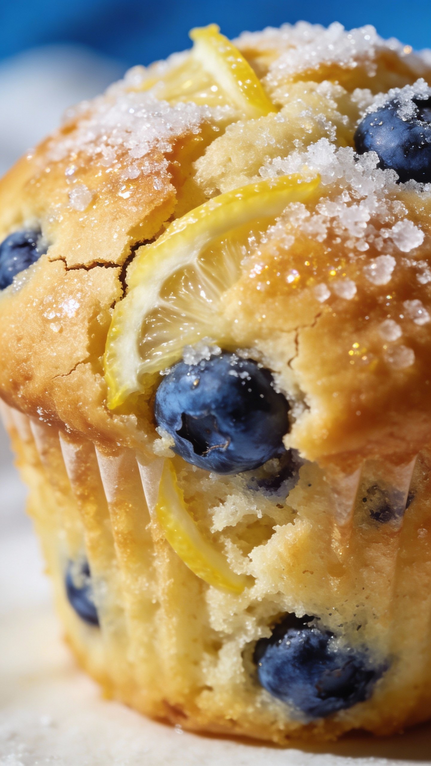 closeup lemon blueberry muffin with cracked sugared top