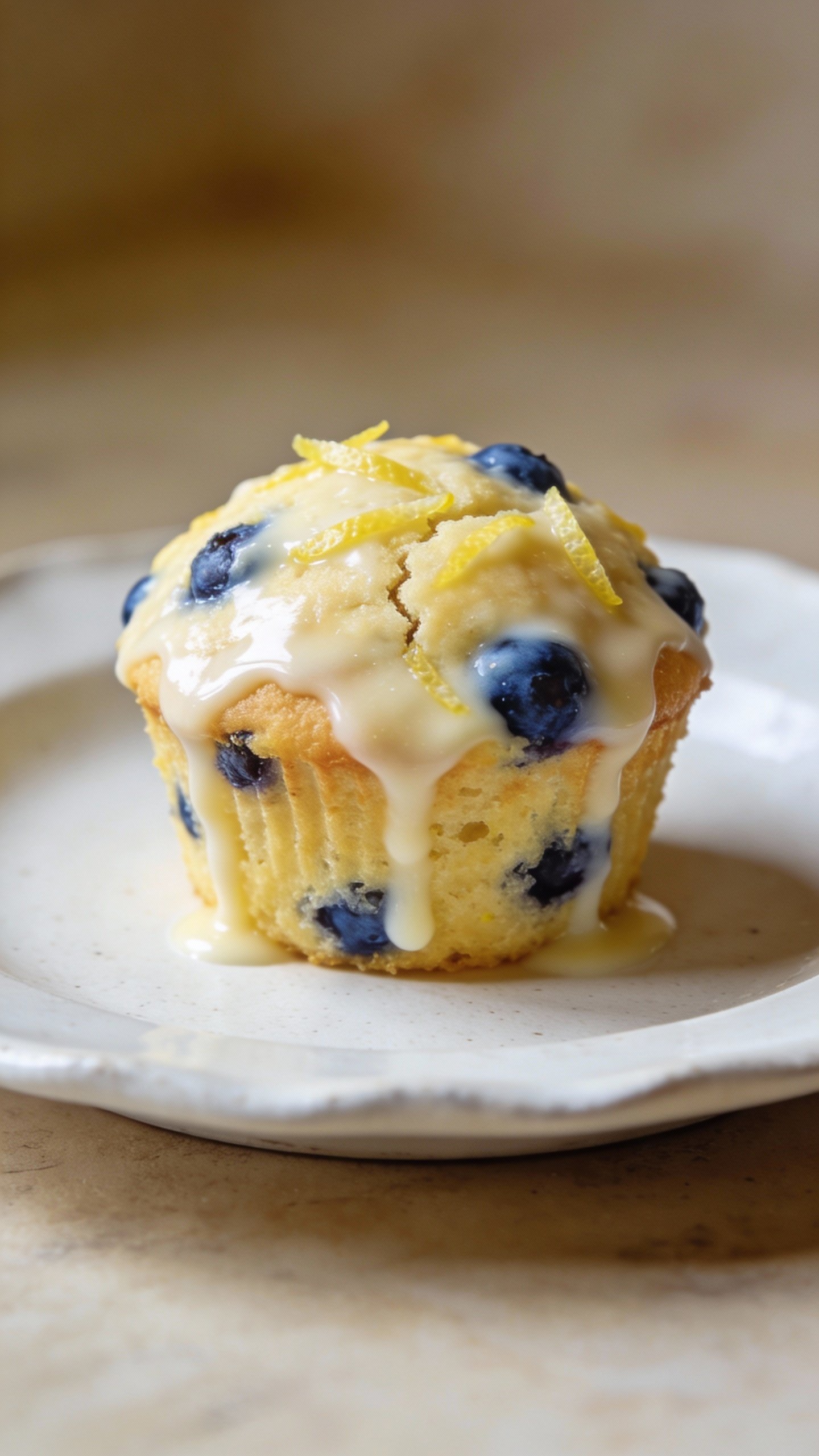 yogurt-glazed lemon blueberry muffin on white ceramic plate