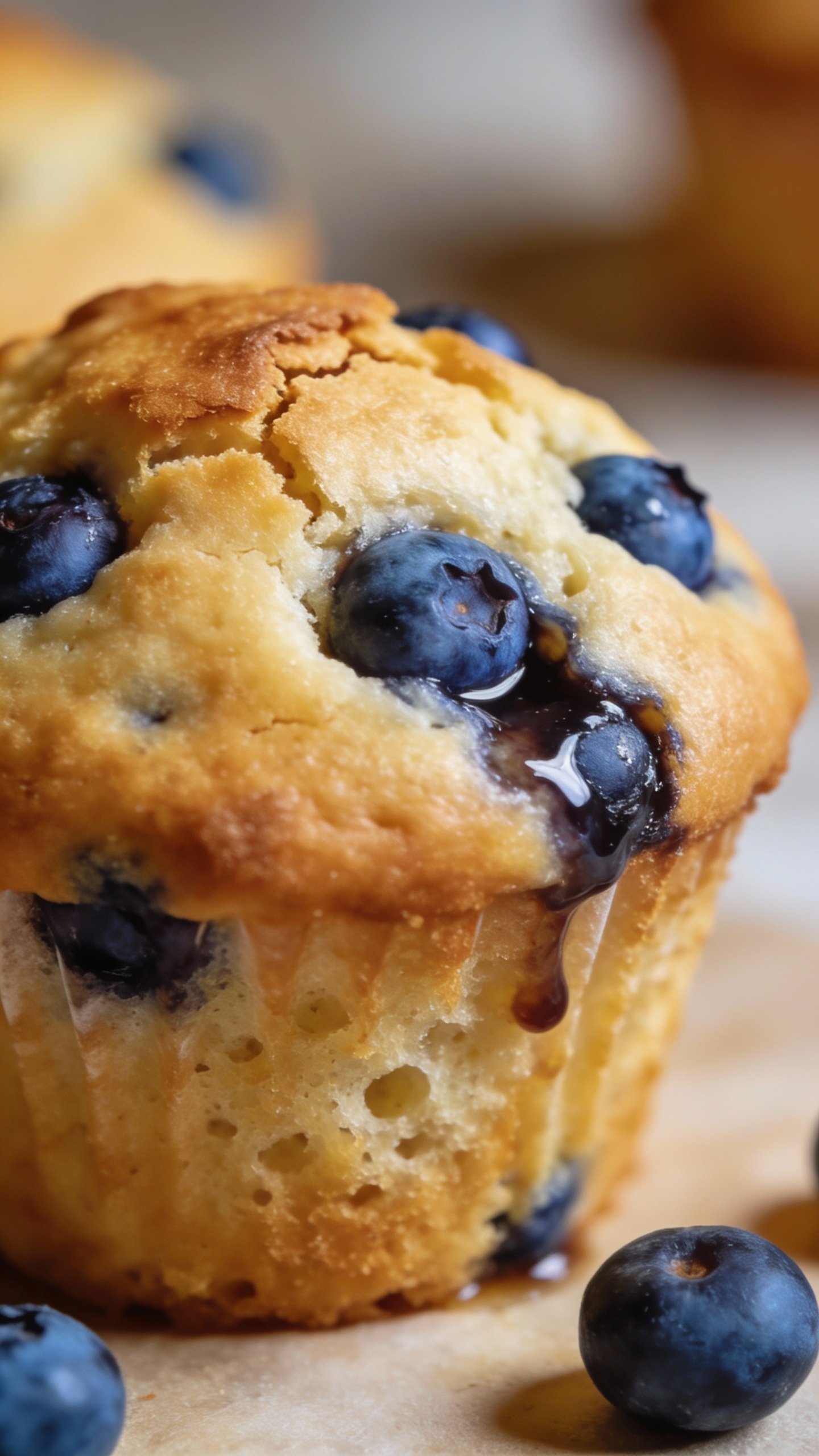 closeup of buttermilk blueberry muffin with burst berries