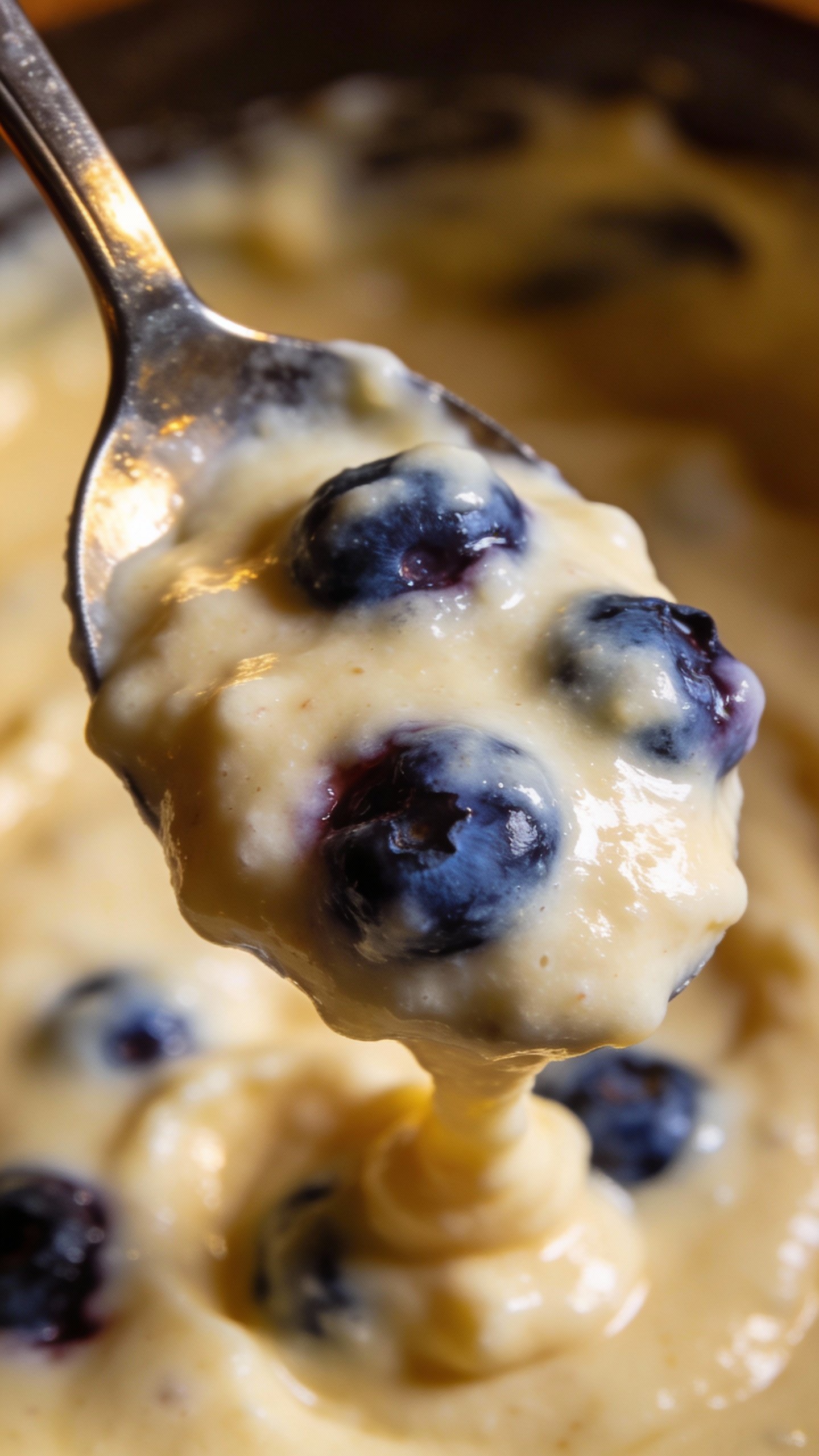 spoonful of thick buttermilk batter studded with blueberries