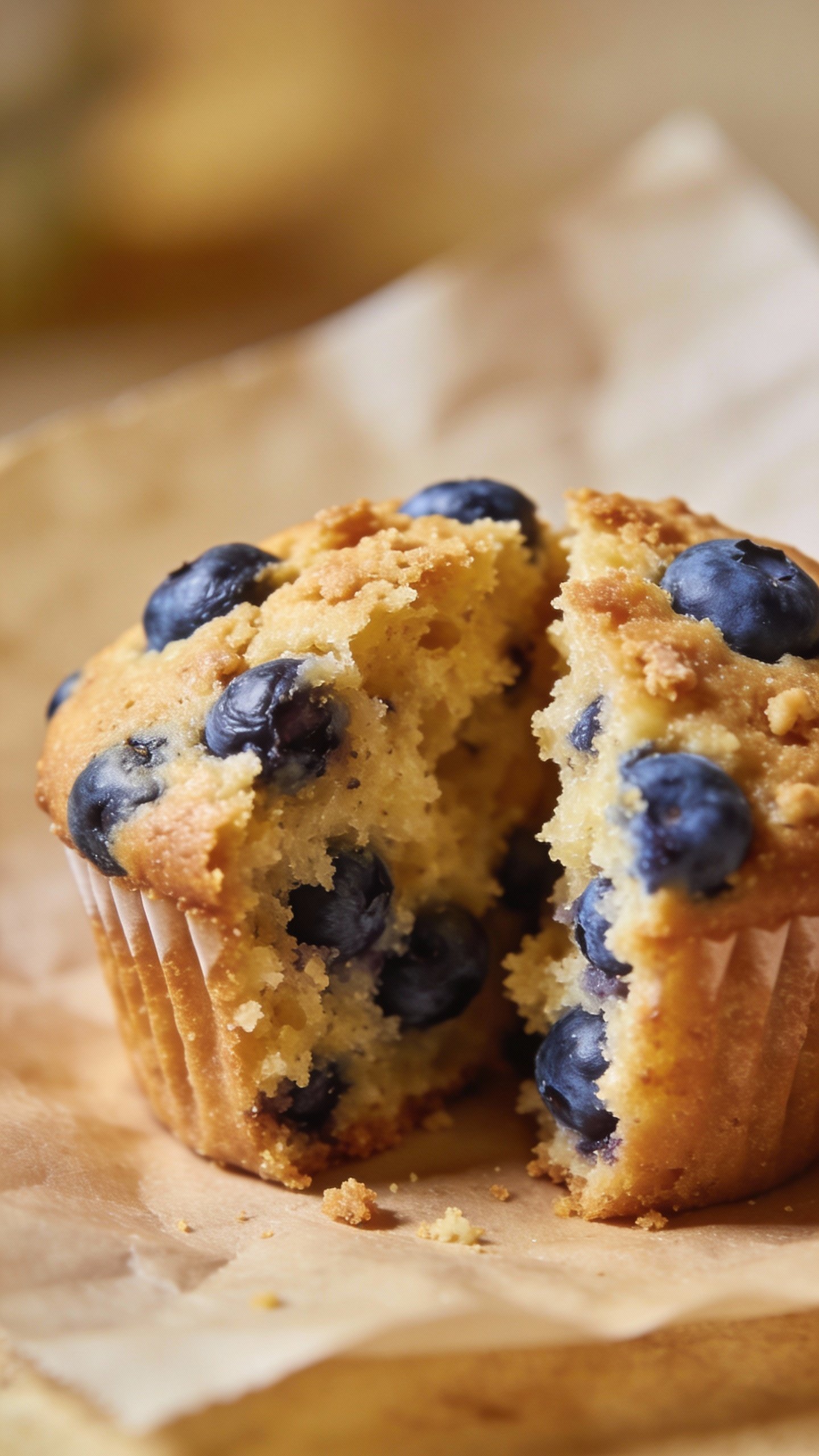 single blueberry-studded muffin split open, moist interior, parchment