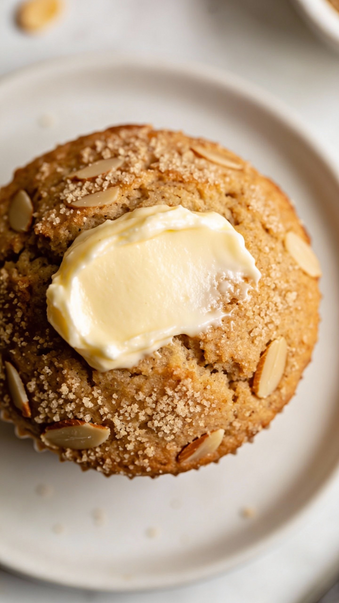 overhead shot of almond flour muffin on white plate, butter smear