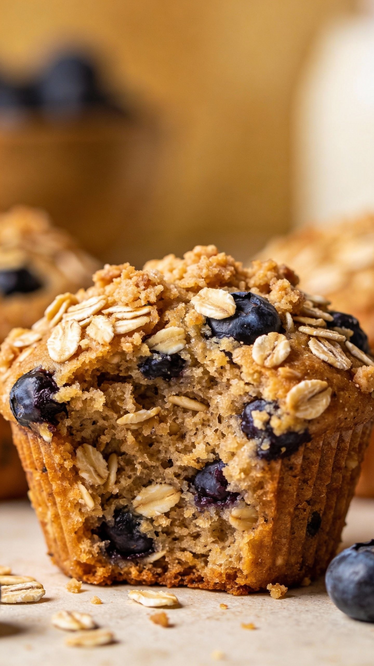 closeup of oatmeal blueberry muffin with visible oats, crumb top