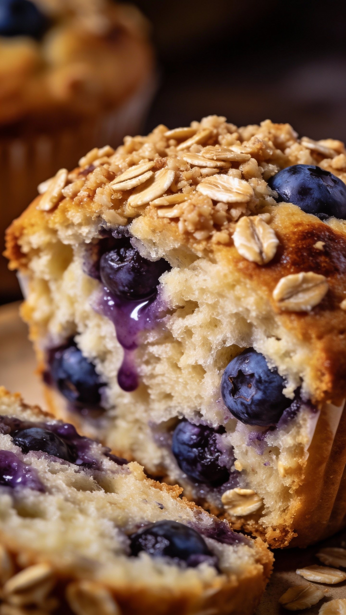 sliced oatmeal blueberry muffin showing juicy berry interior