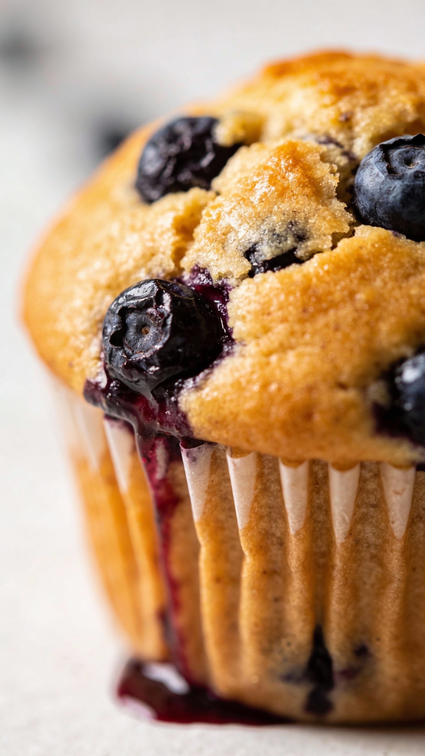 closeup of a single vegan blueberry muffin with golden dome