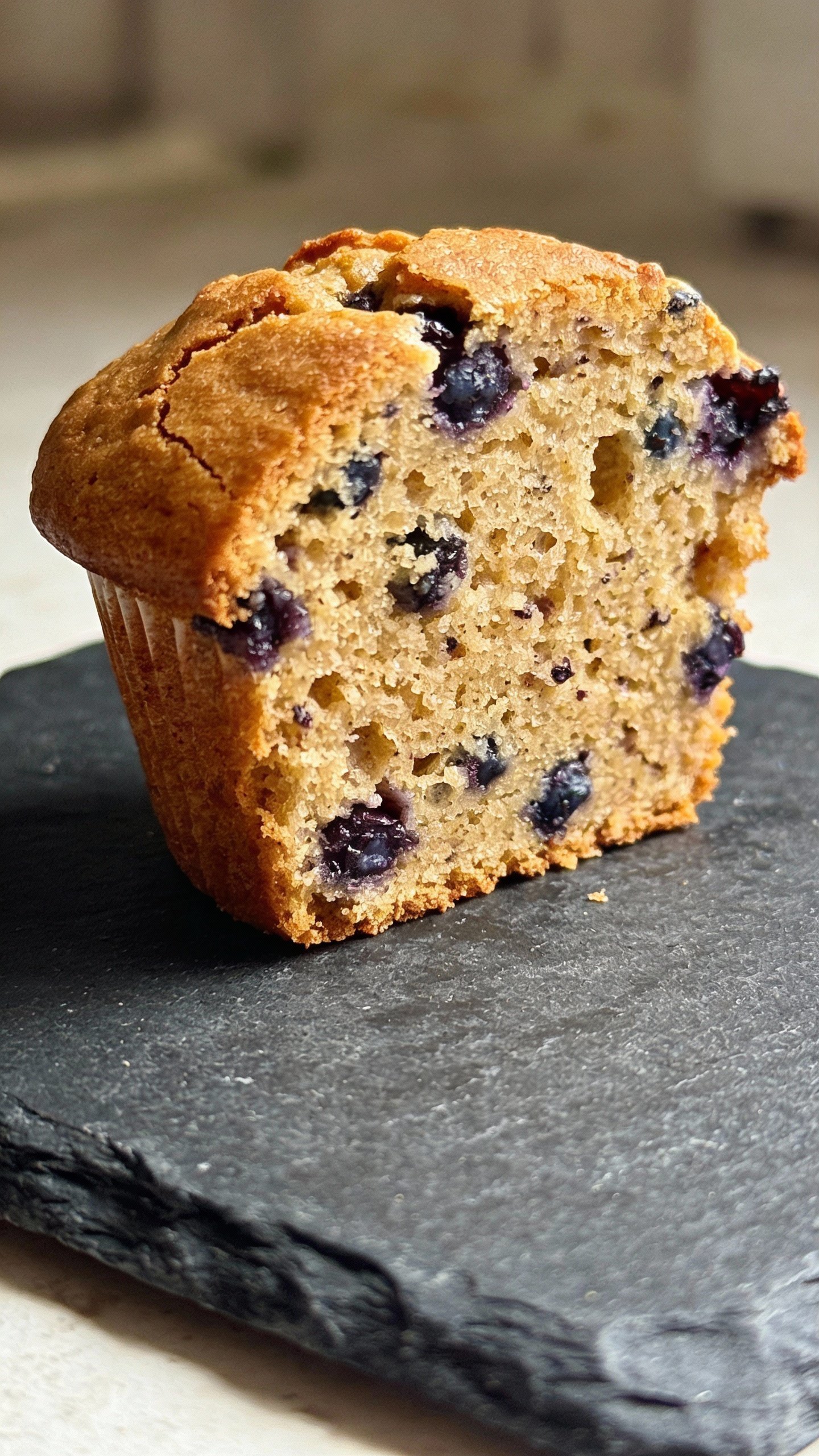 single sliced vegan blueberry muffin showing moist crumb, on slate