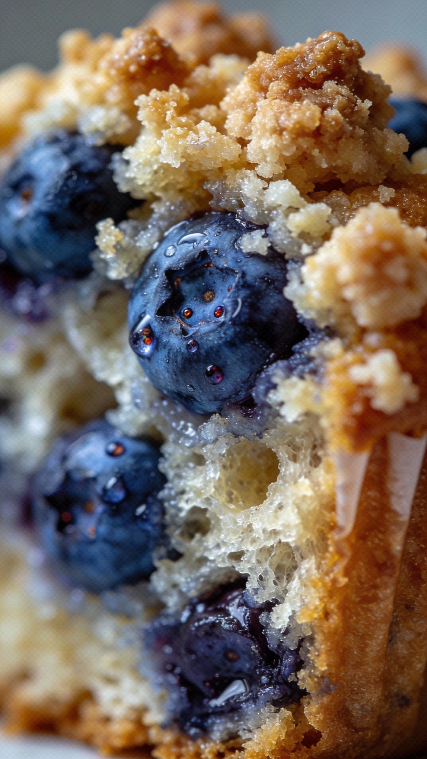 cross-section blueberry streusel muffin showing juicy berries, macro shot