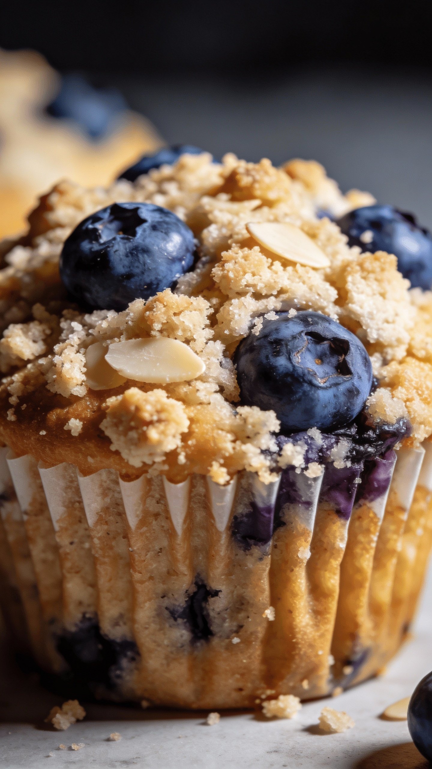 closeup keto blueberry muffin with almond flour crumb, studio lighting
