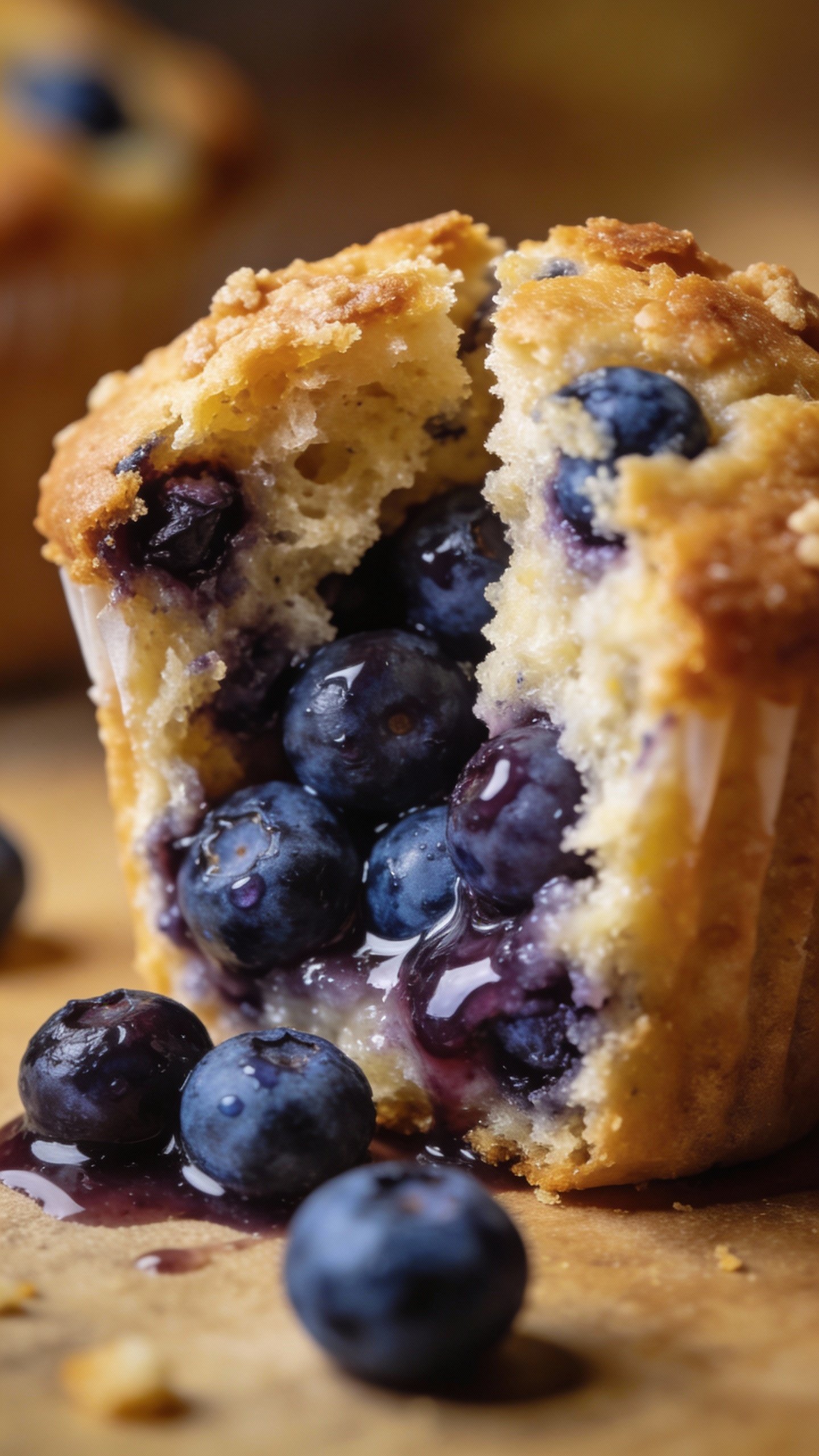 single keto blueberry muffin split open showing juicy berries