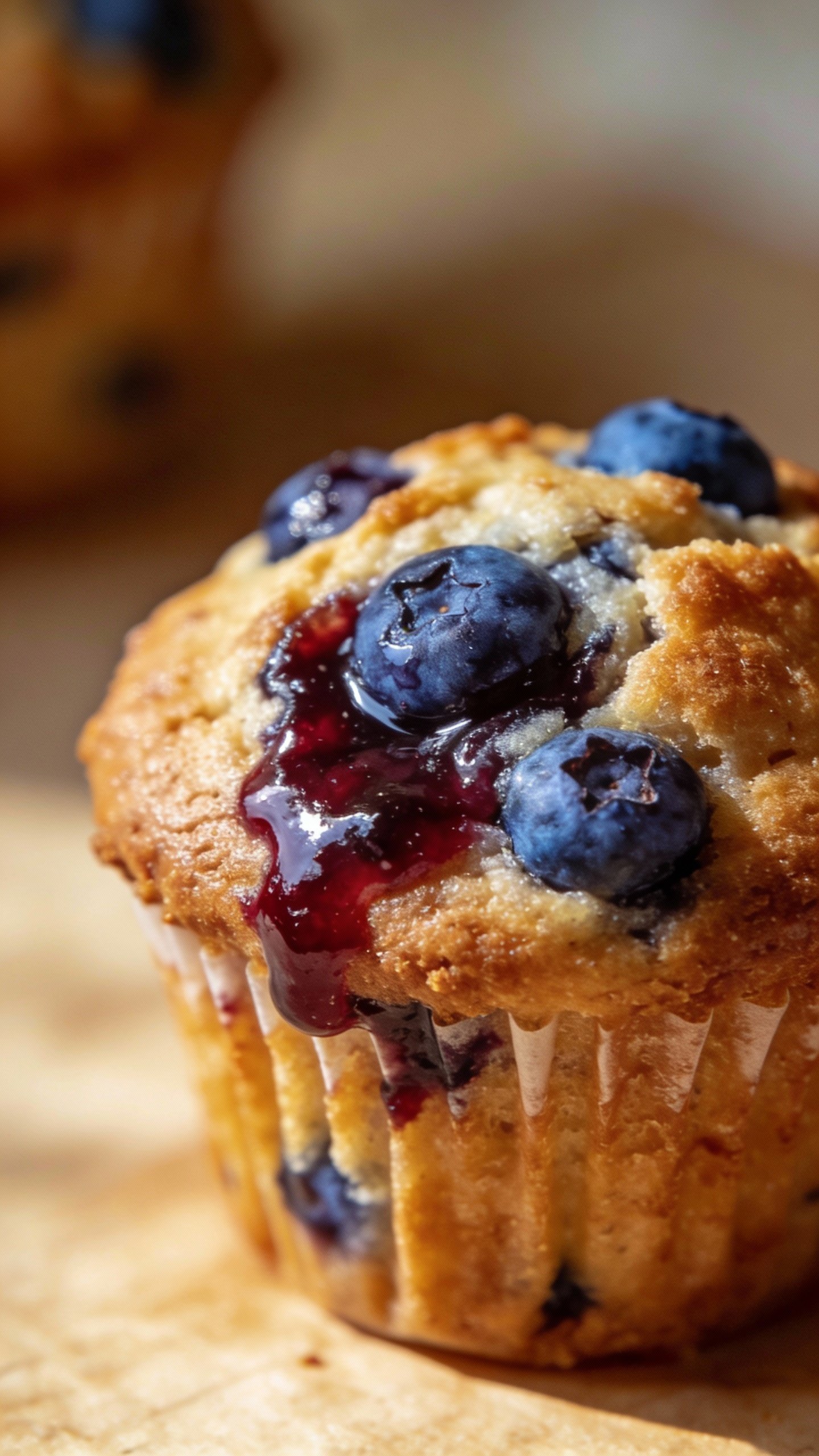 closeup single protein blueberry muffin with jammy burst top