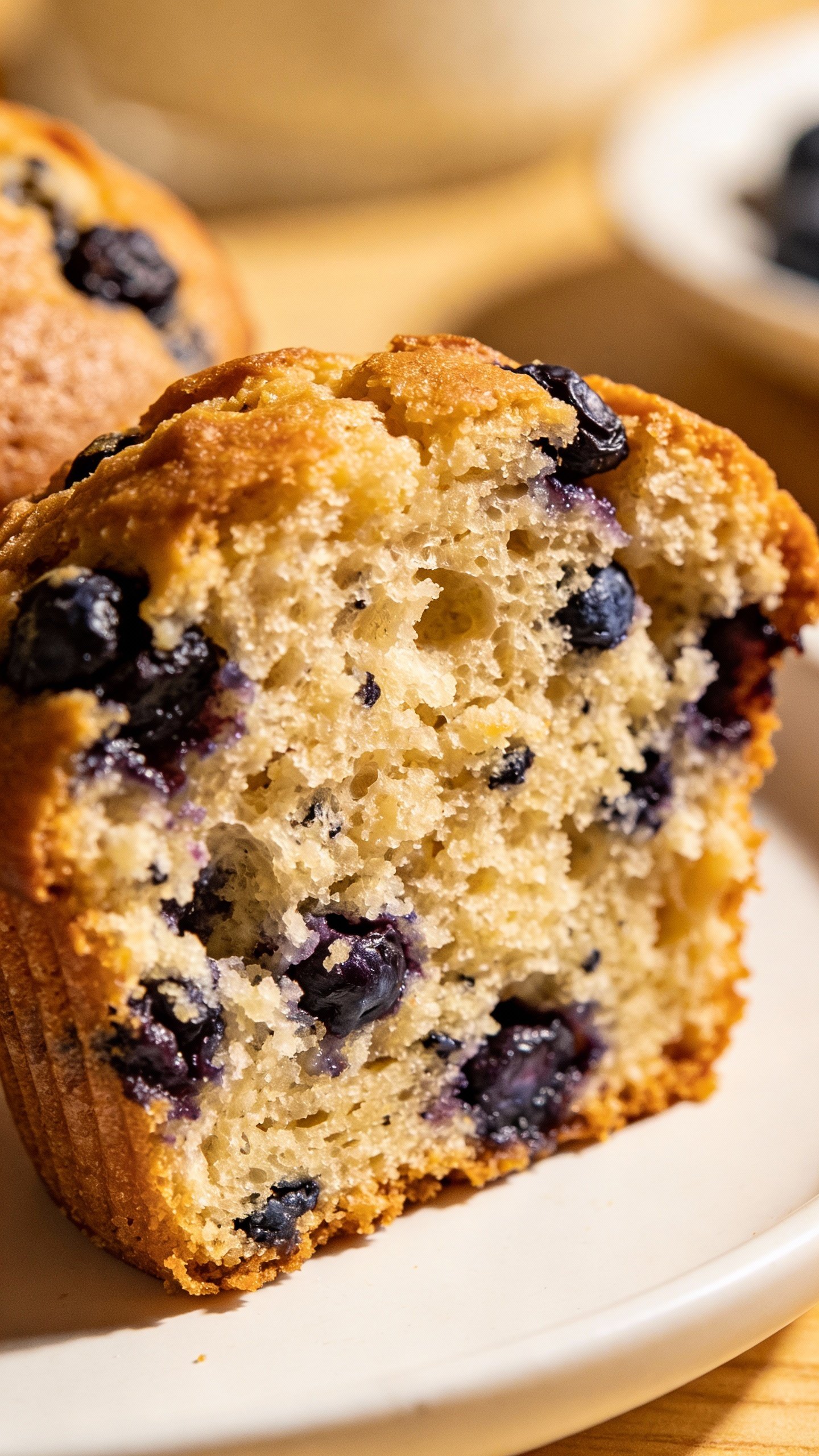 cut-open protein blueberry muffin showing moist crumb, white plate