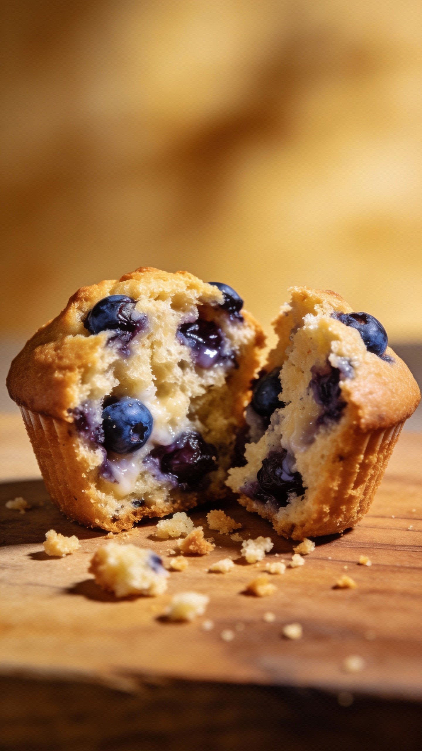 single split blueberry muffin showing juicy interior, crumbs scattered