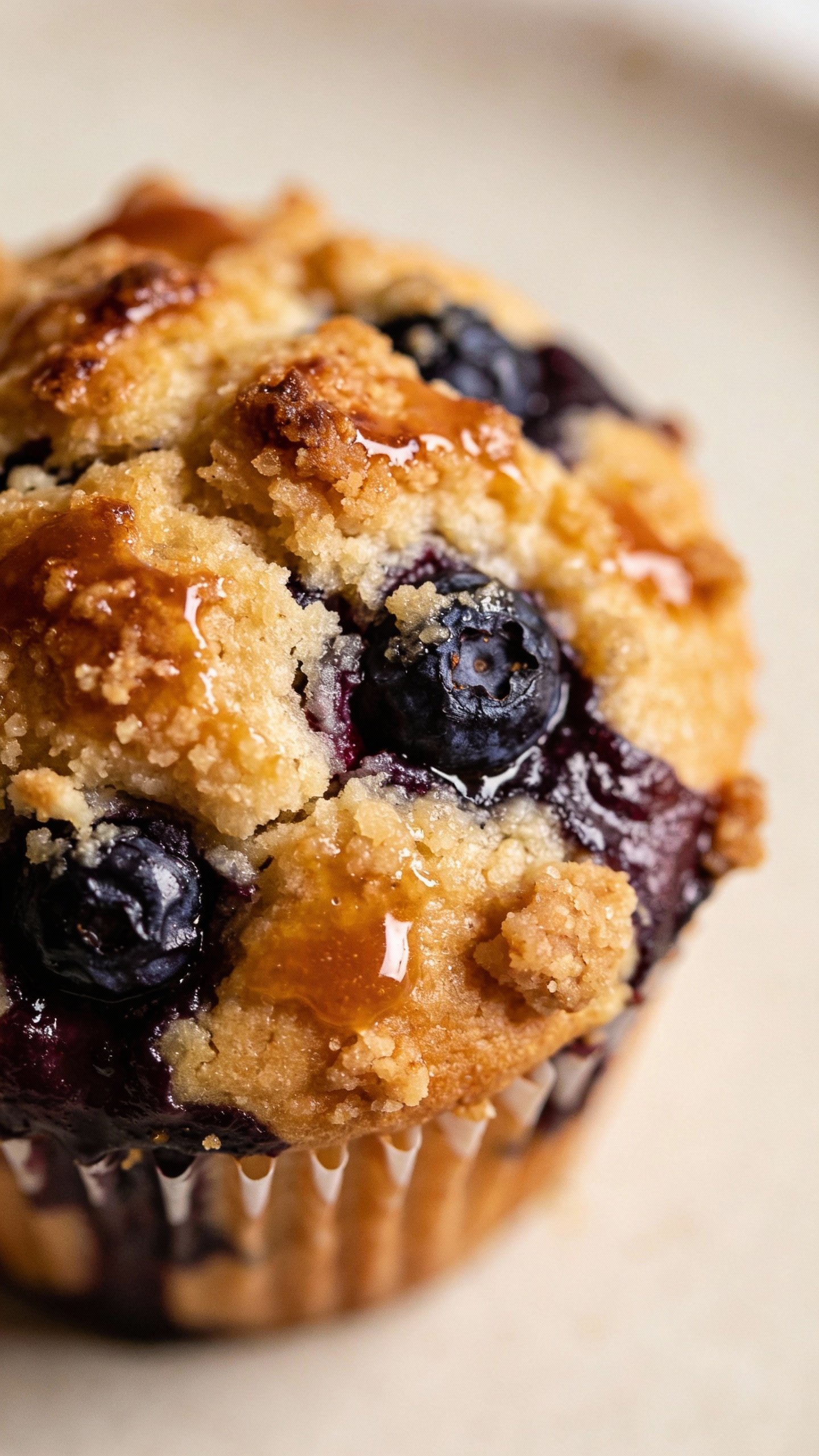 overhead shot of domed blueberry muffin with caramelized crumble