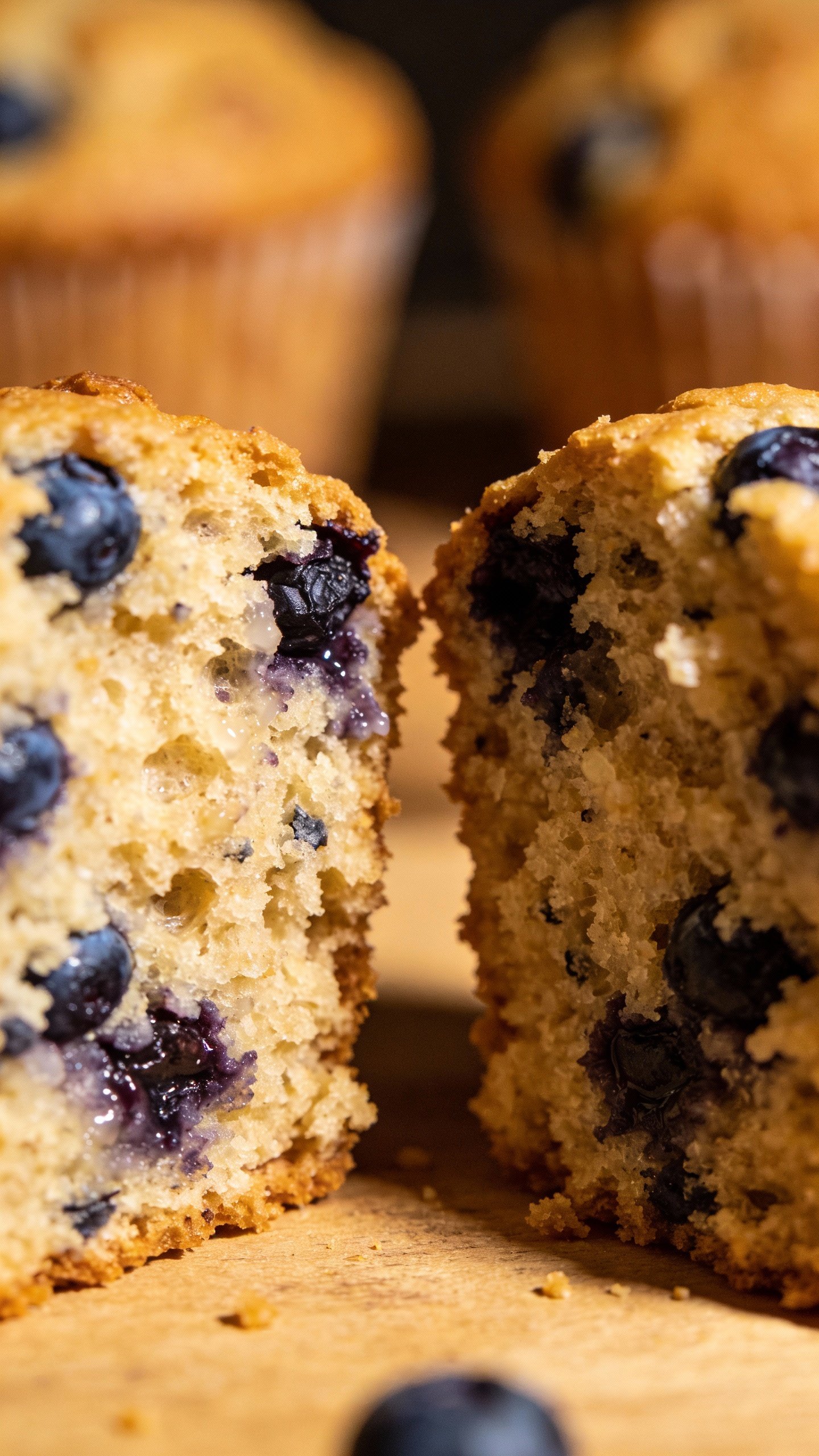 split gluten-free blueberry muffin showing moist crumb