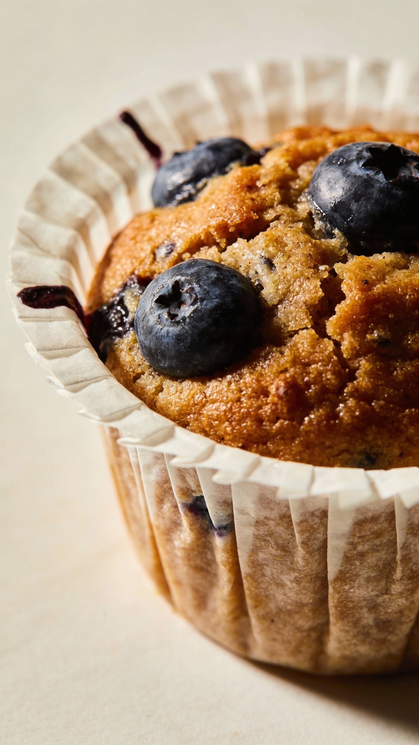 single gluten-free blueberry muffin in white parchment liner