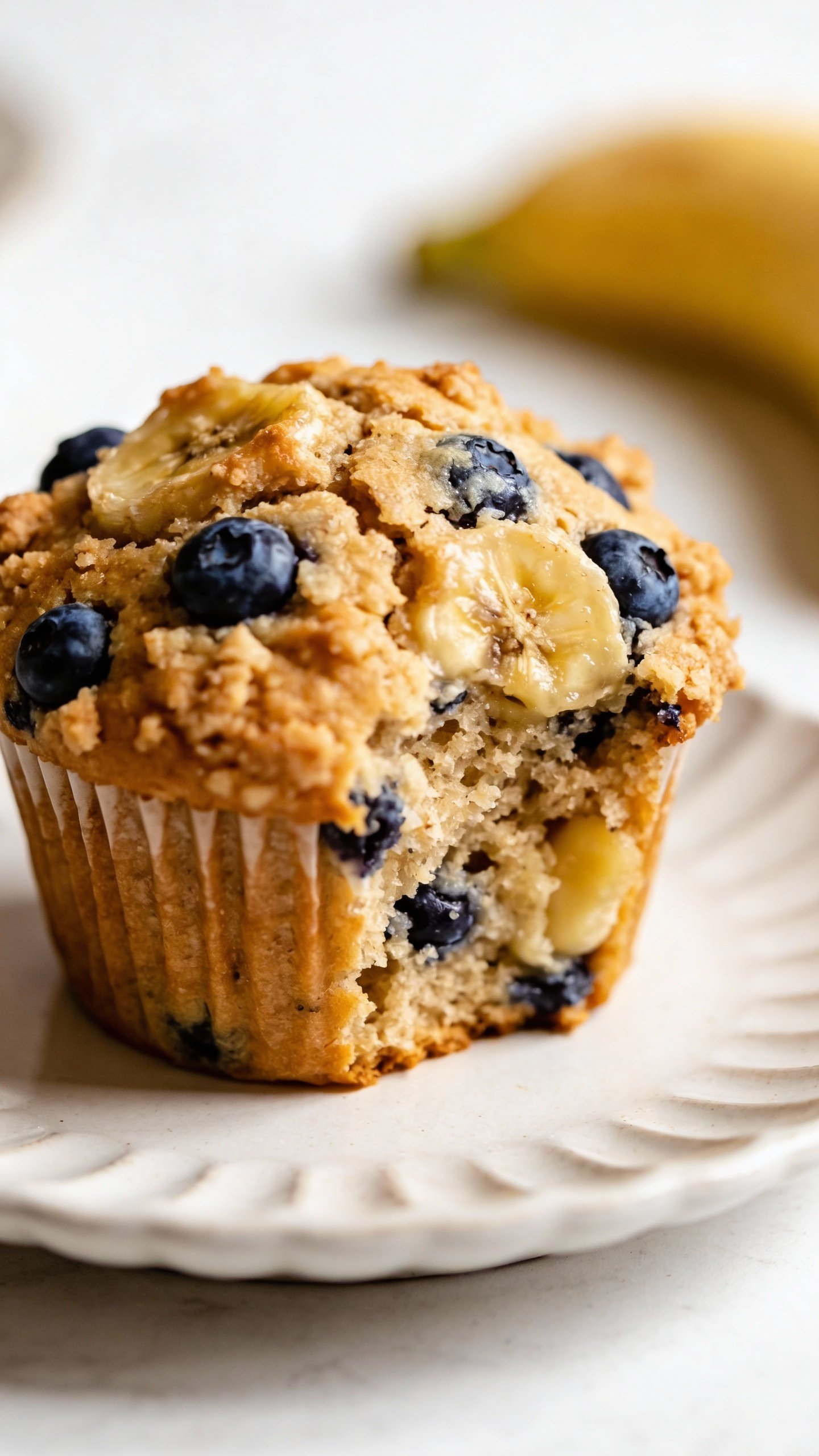closeup blueberry-studded banana muffin on white ceramic plate