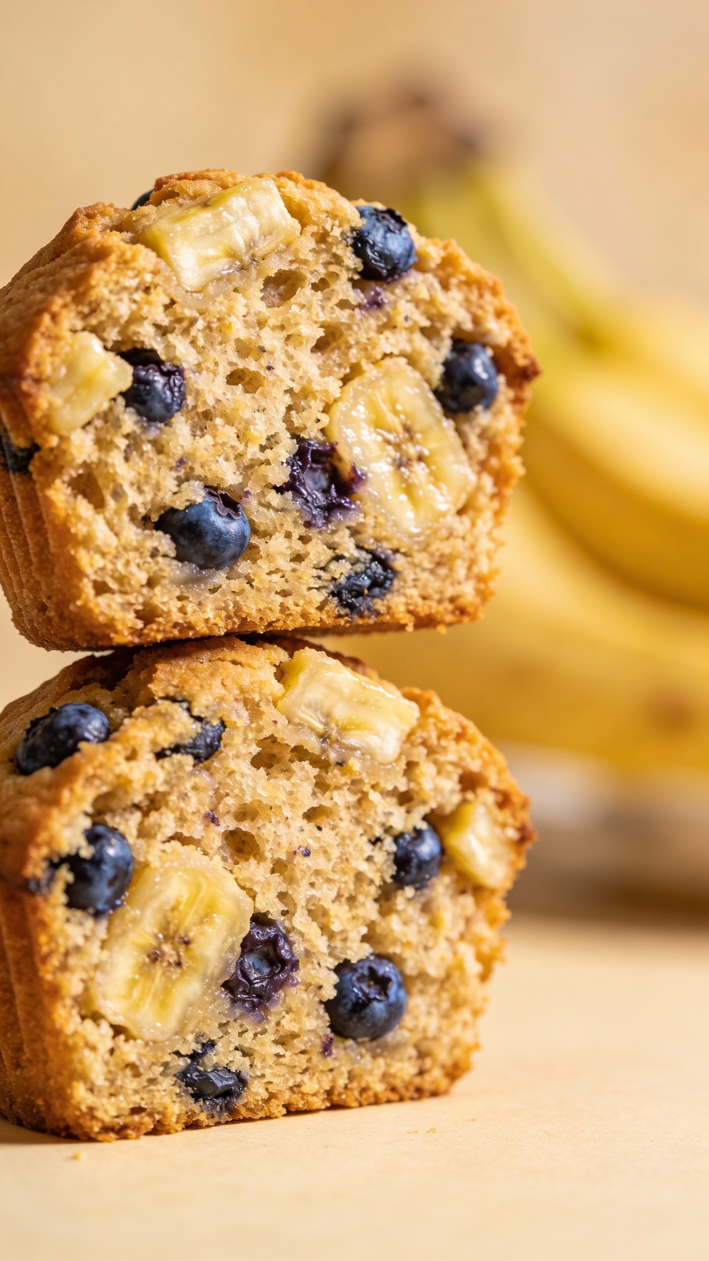 halved banana blueberry muffin showing moist crumb, macro shot