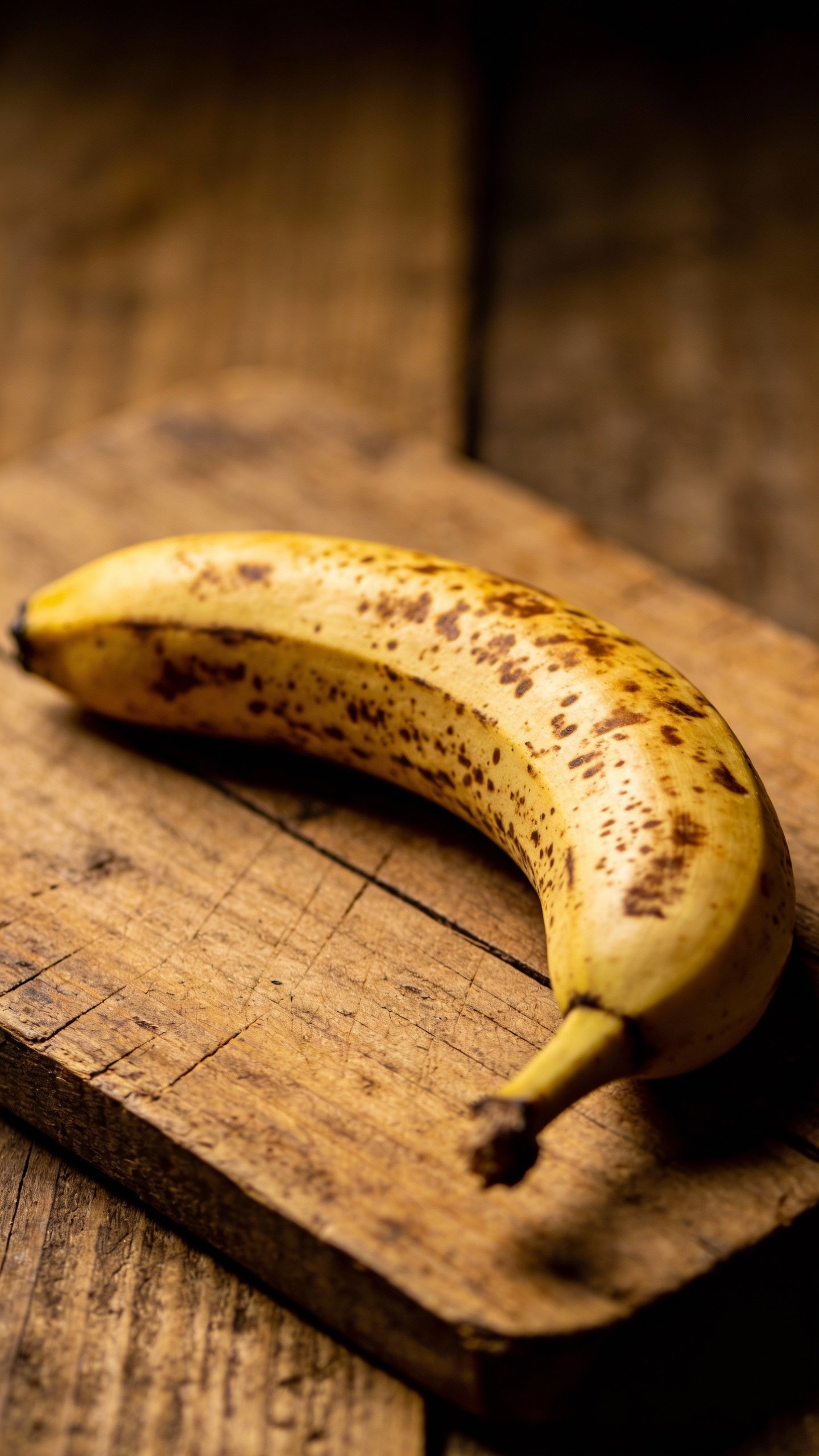 single ripe speckled banana on rustic wooden board, studio lighting