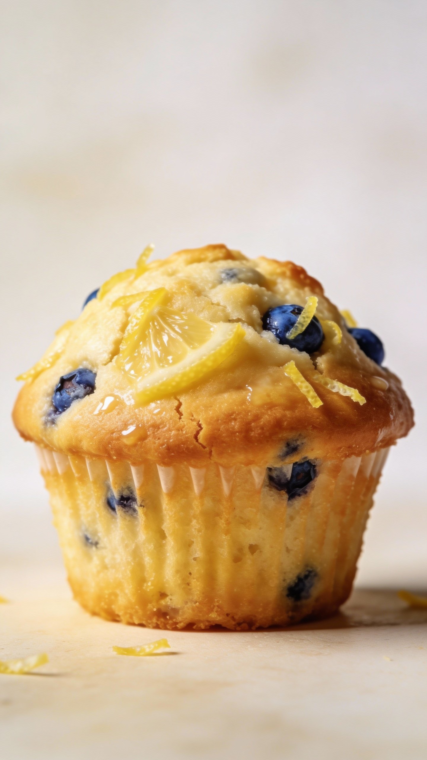 closeup of a single lemon blueberry muffin with tall dome