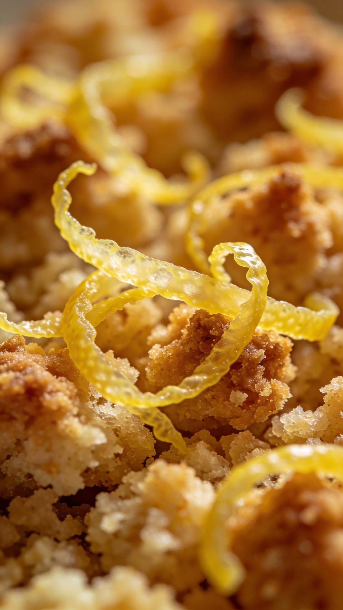 macro shot of lemon zest sprinkled on muffin crumb