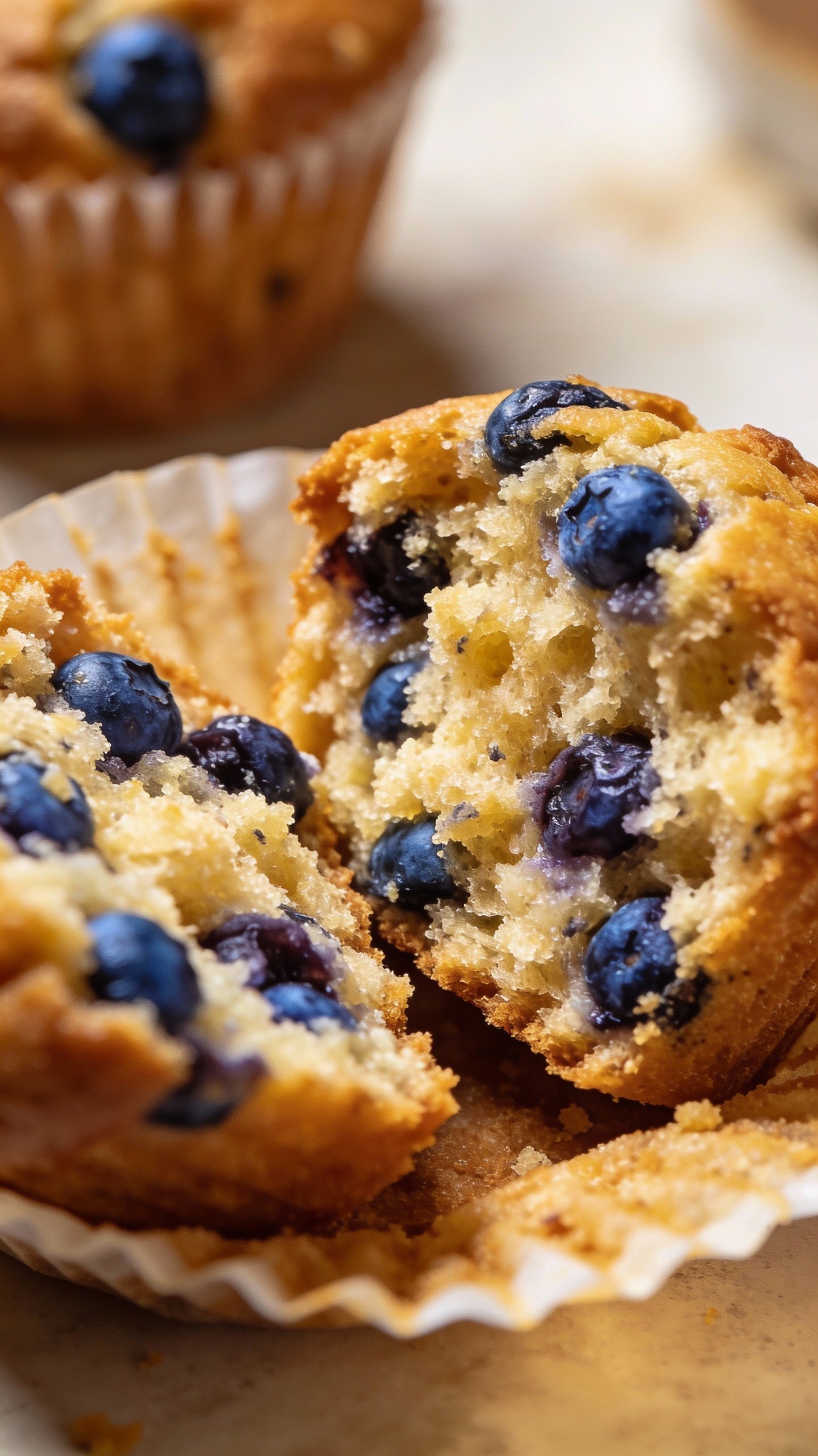 blueberry-studded muffin split open showing moist interior
