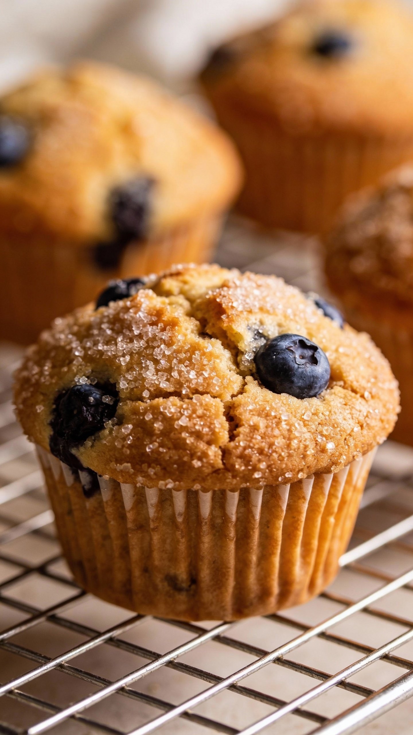 closeup blueberry muffin with sugar crust on cooling rack