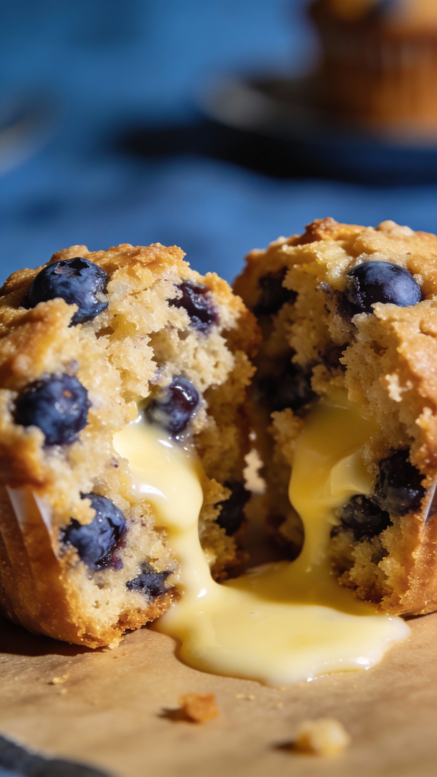 split blueberry muffin showing juicy crumb, butter melting