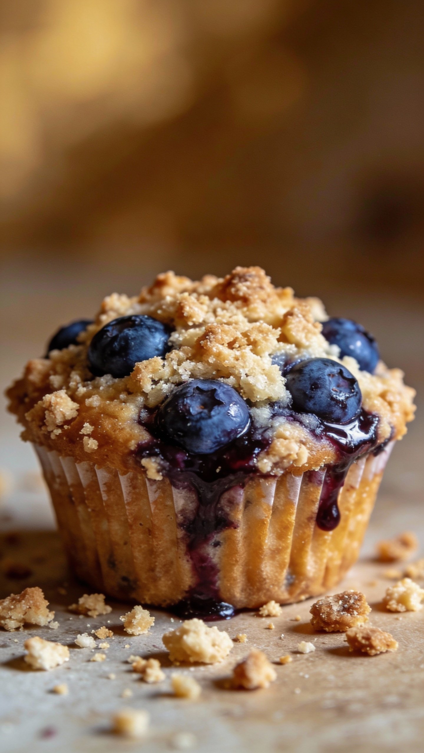 single blueberry muffin with burst berries, crumb top, closeup