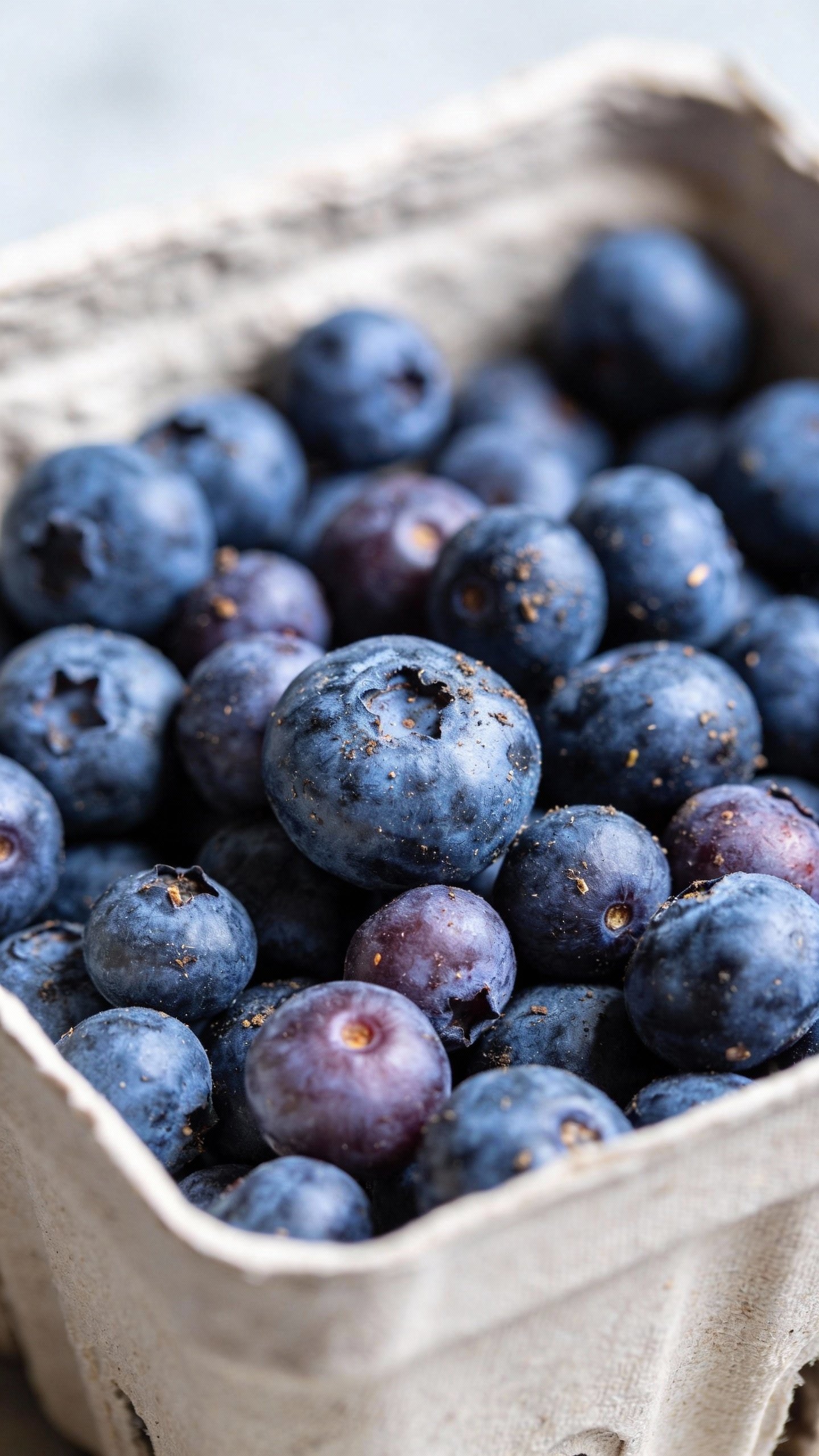 pint of mixed-size blueberries with market dirt, macro shot