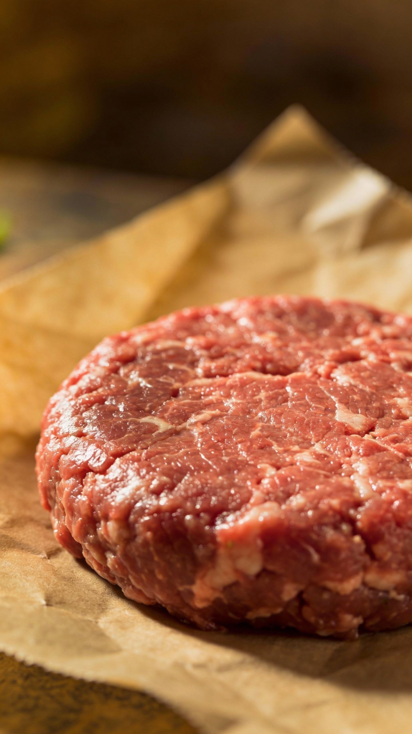 single raw chuck and brisket blend patty on butcher paper