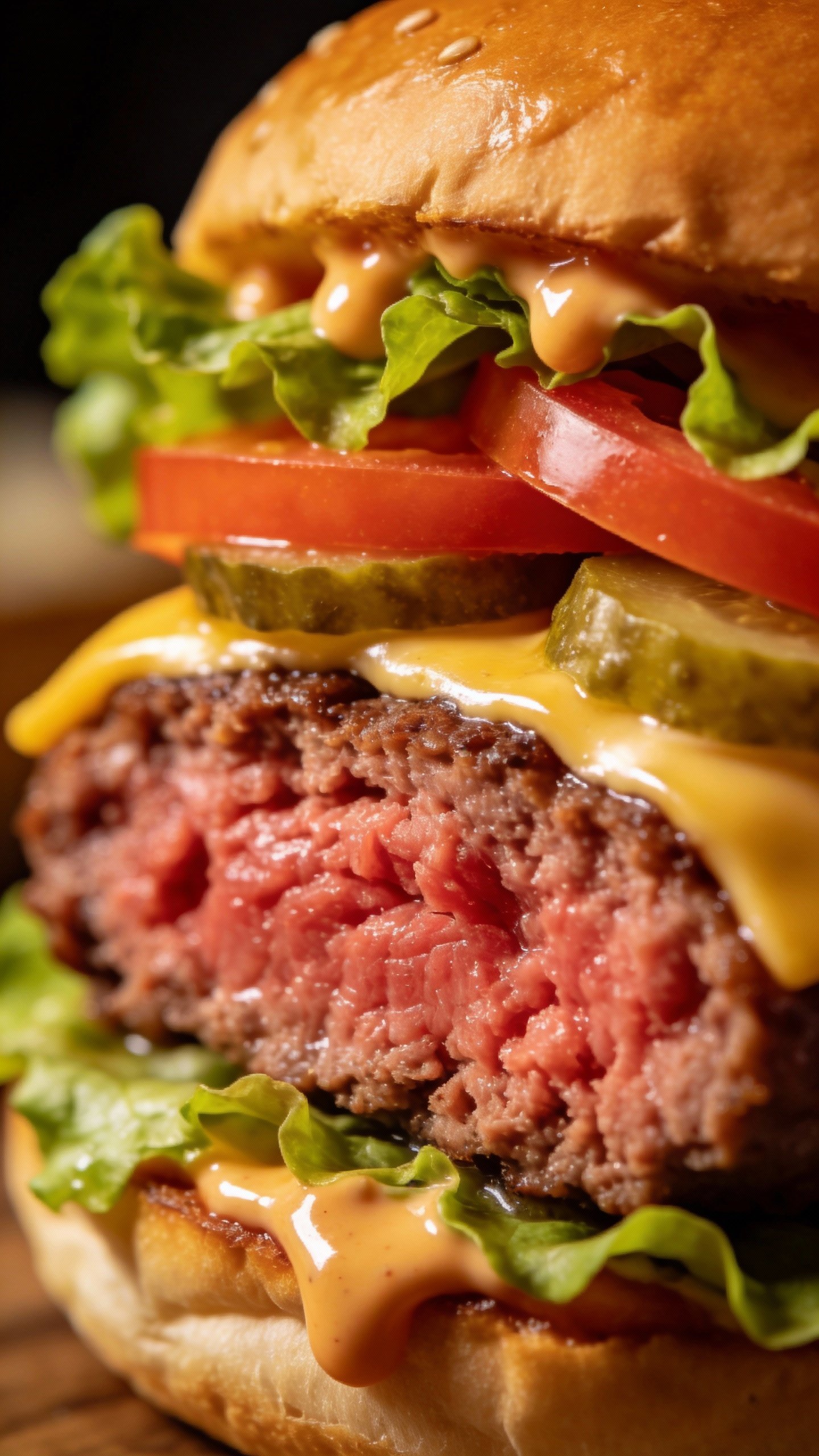 tight shot of juicy burger cross-section showing pink center