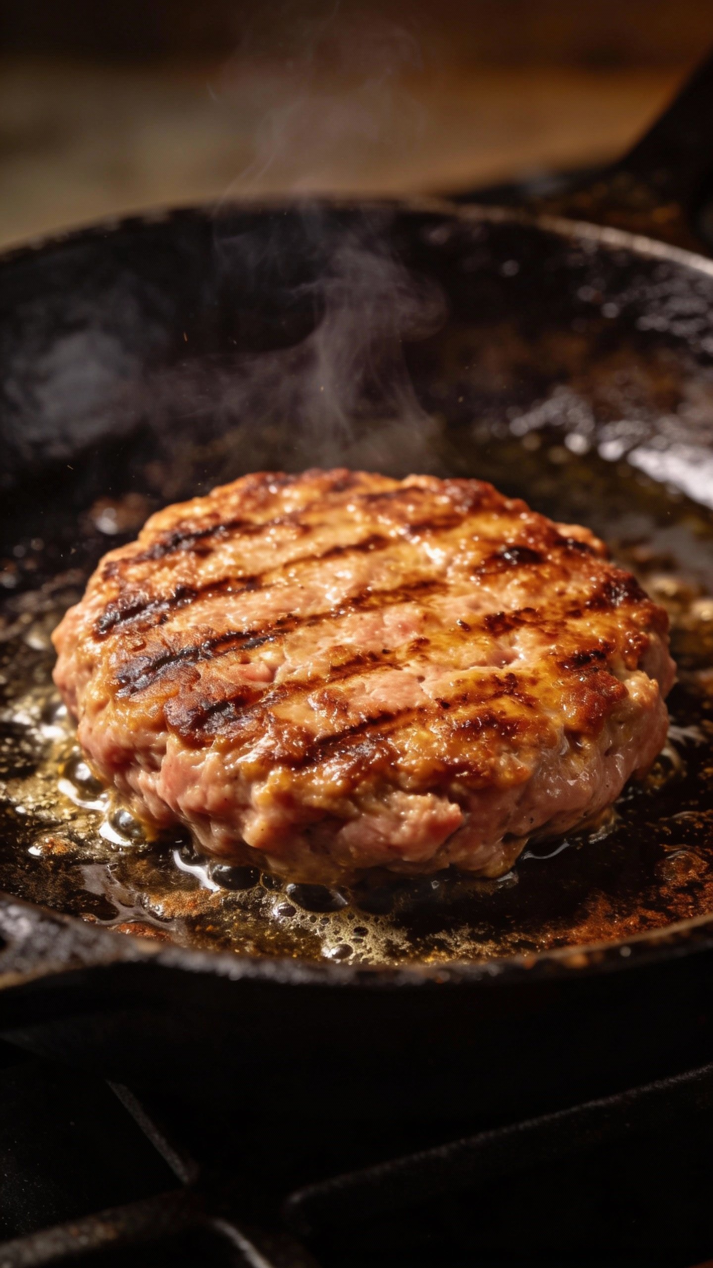 closeup turkey burger patty sizzling on cast-iron skillet