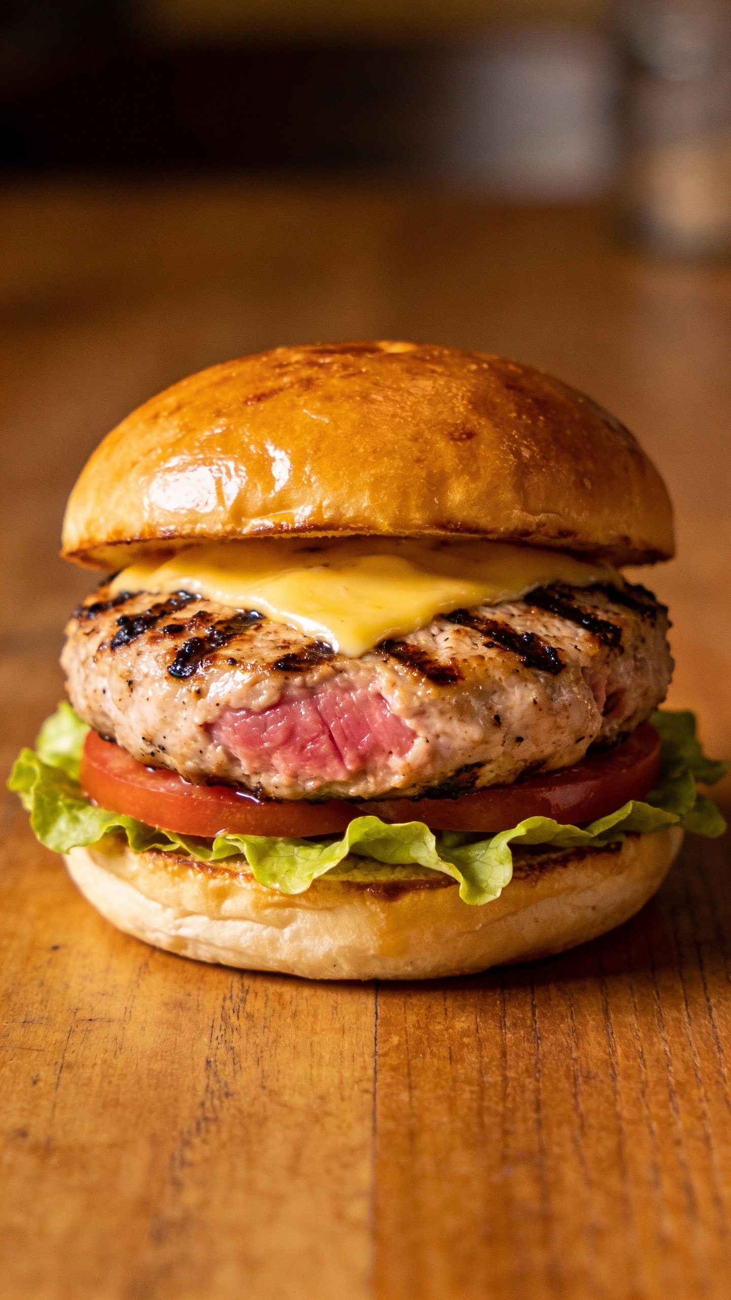 single grilled turkey burger with char, on brioche bun