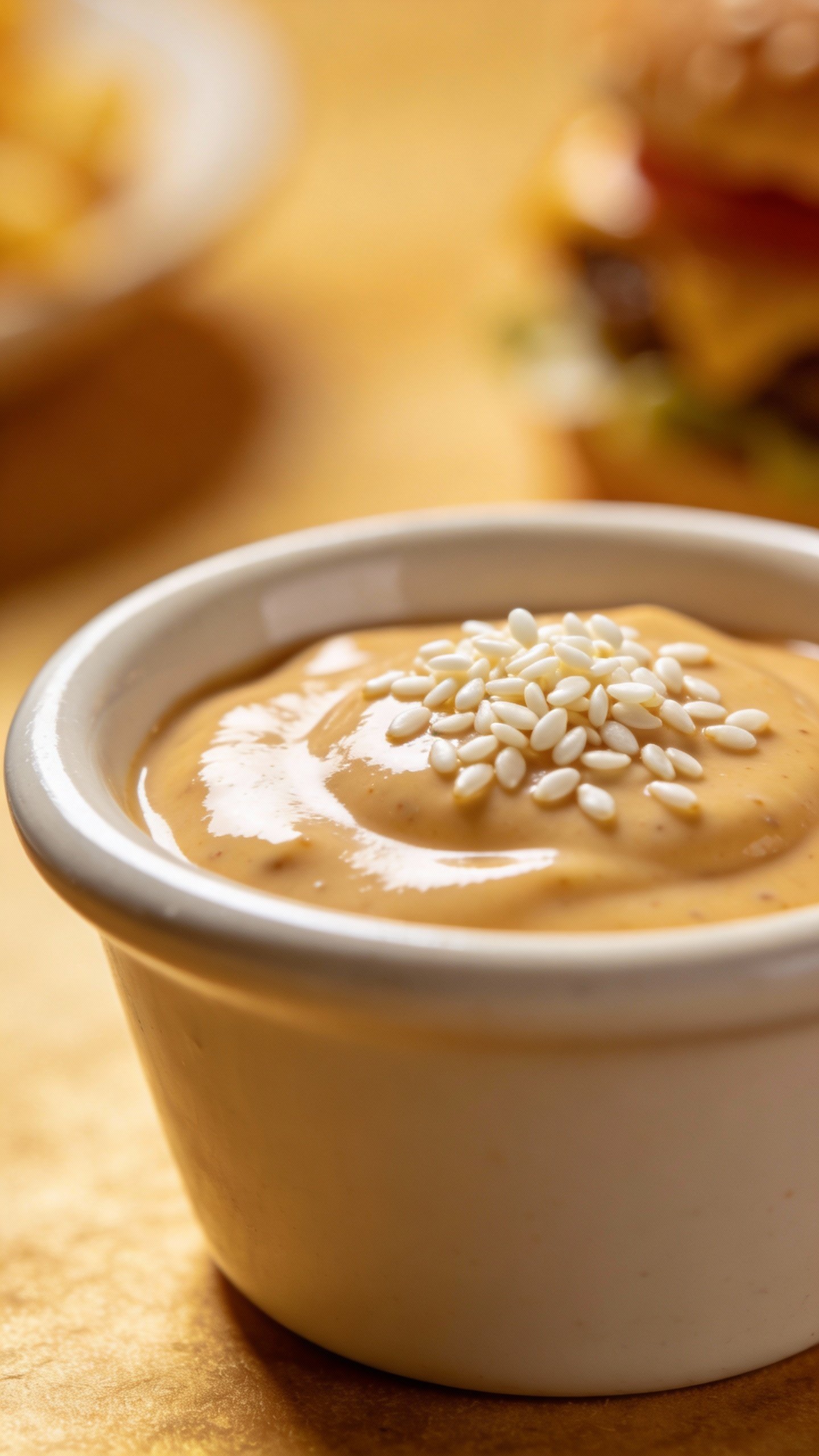 small bowl of lighter big mac sauce, sesame seeds garnish