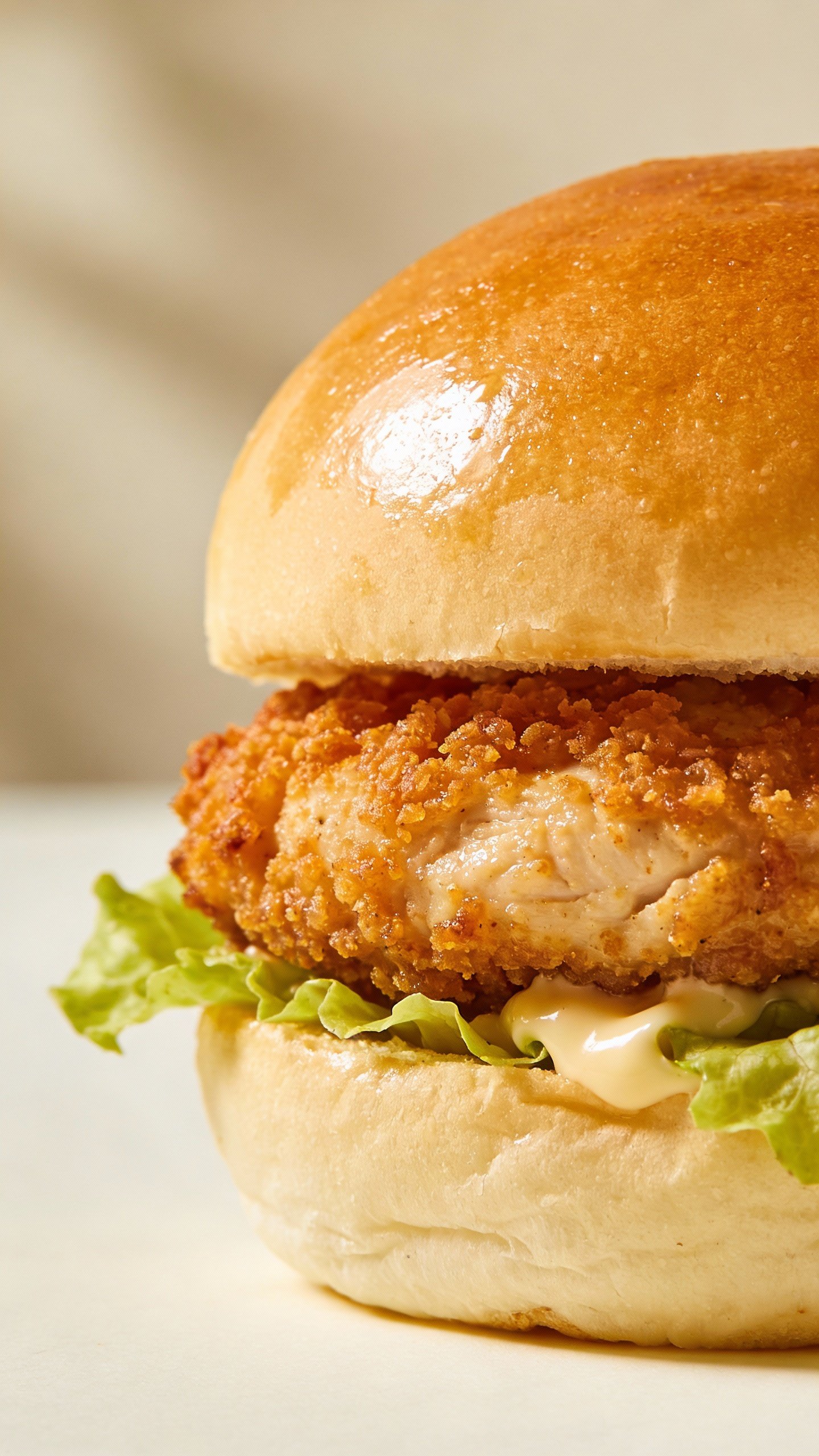 closeup crispy ground chicken burger on brioche bun