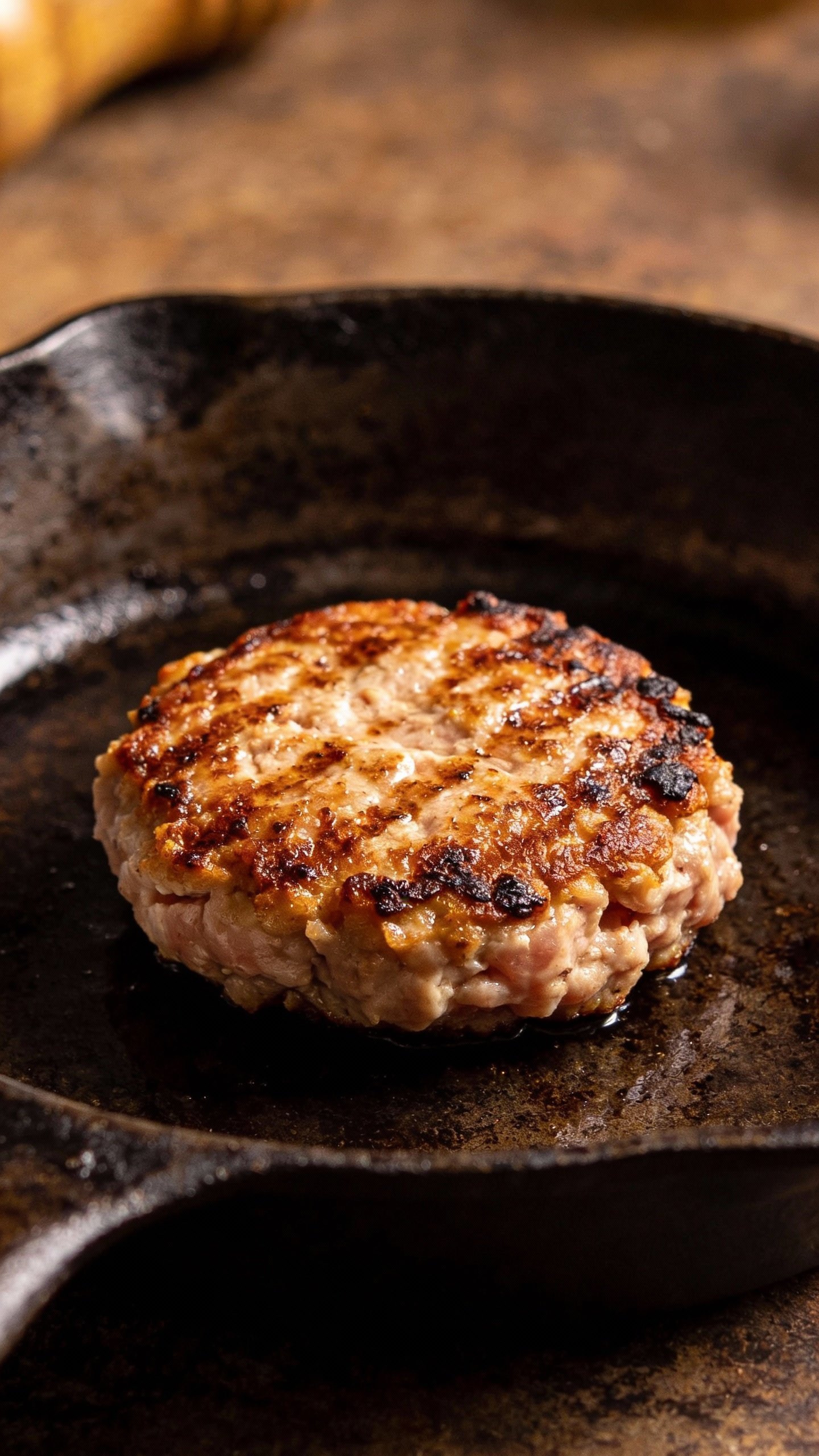 seared ground chicken patty with charred edges, cast-iron