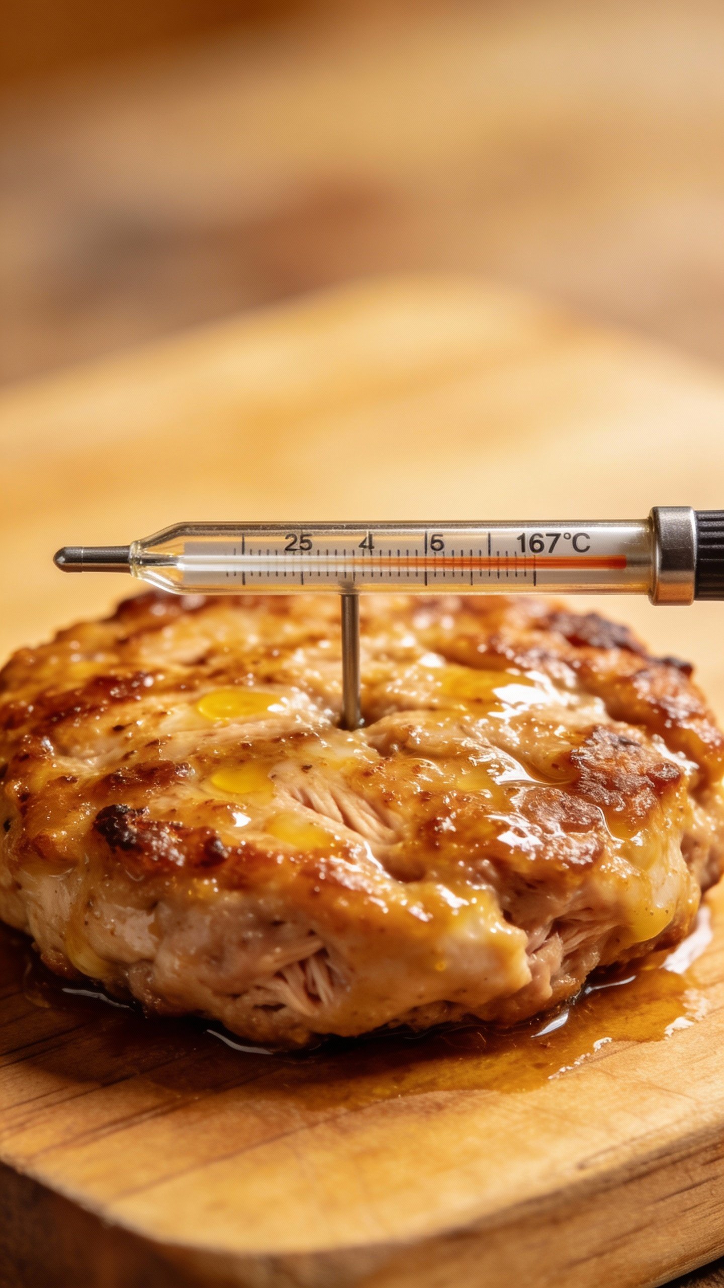 thermometer reading 165°F in juicy chicken burger patty