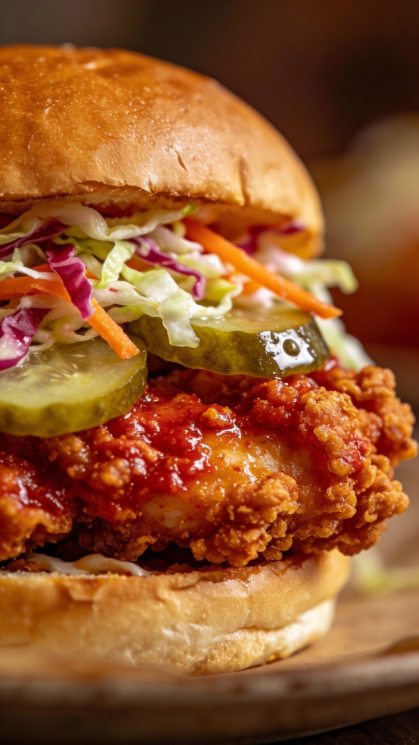 closeup Nashville hot chicken burger with pickles and slaw