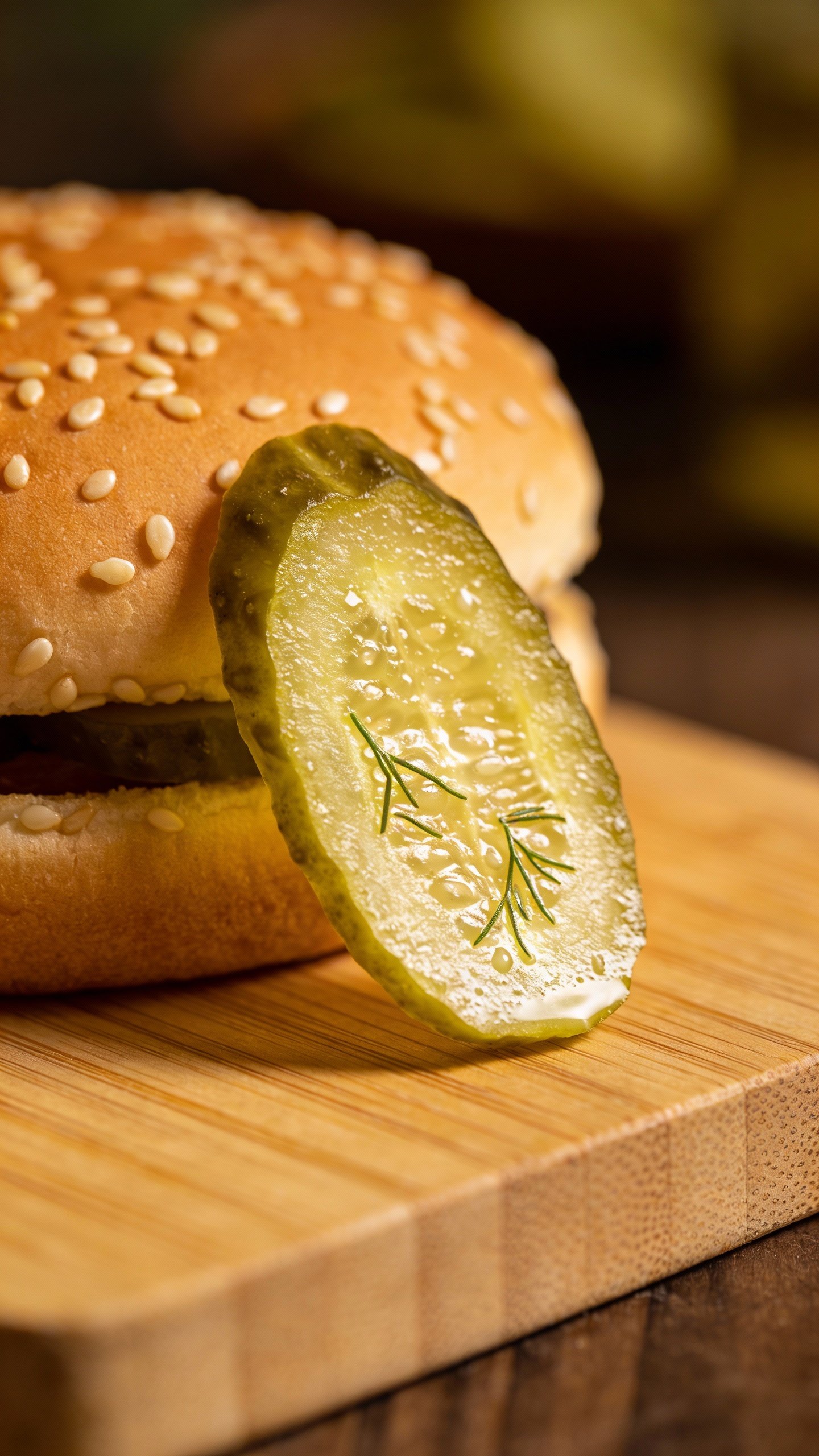 crunchy dill pickle slice on sesame bun, shallow depth of field